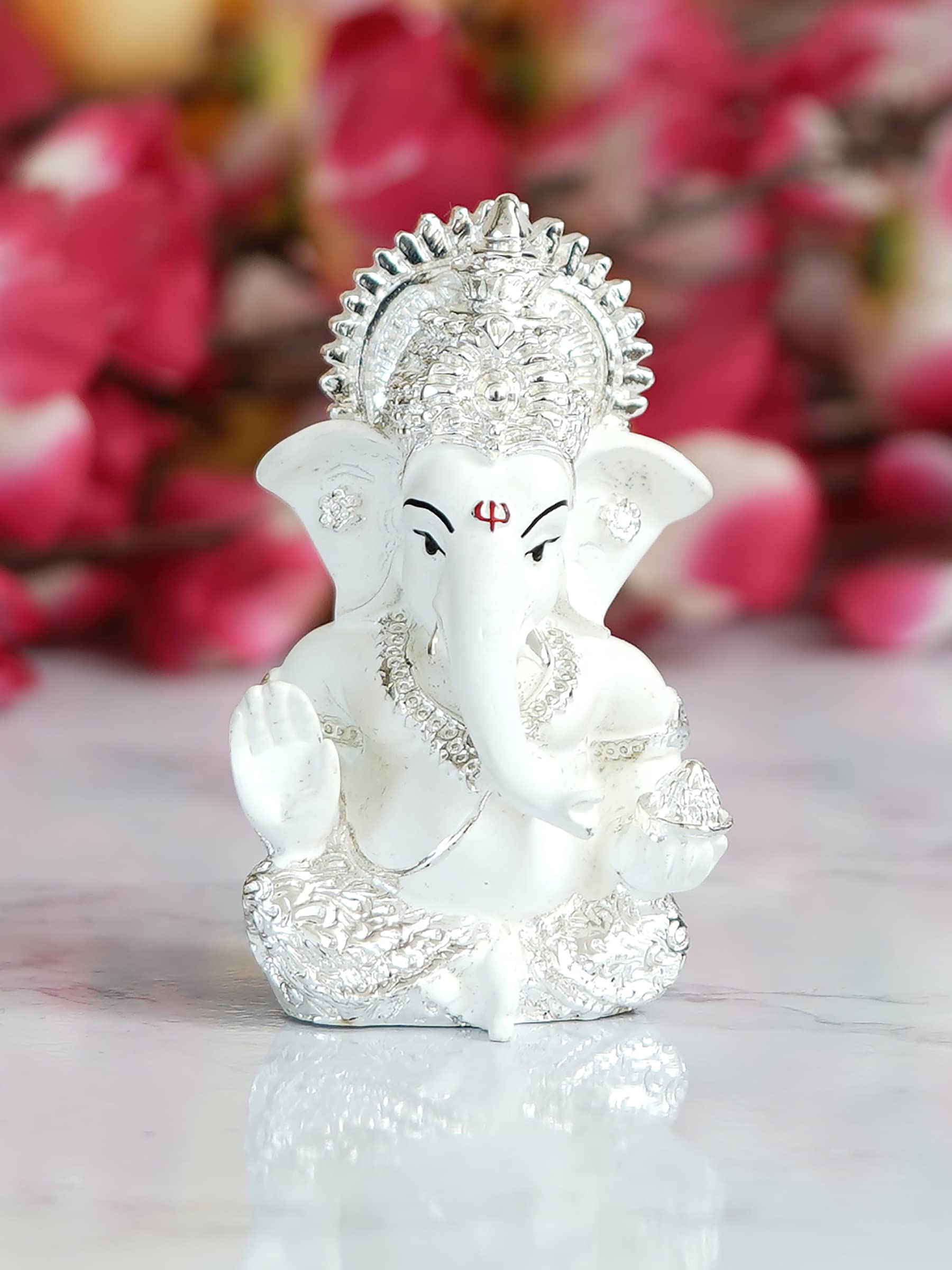 Ecraftindia Silver White Resin Lord Ganesha Idol For Home Decor Office Car Dashboard| Ganesha Statue For Puja Room| Ganpati Murt