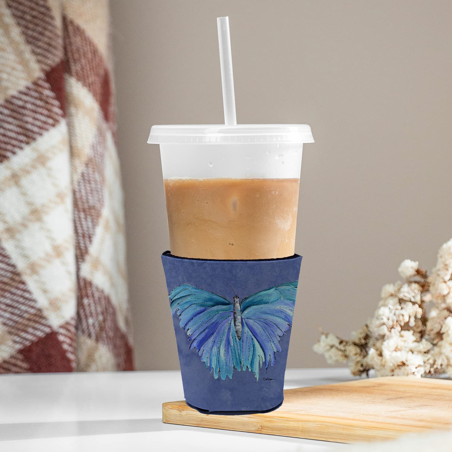 Butterfly on Slate Blue Red Solo Cup Beverage Insulator Hugger