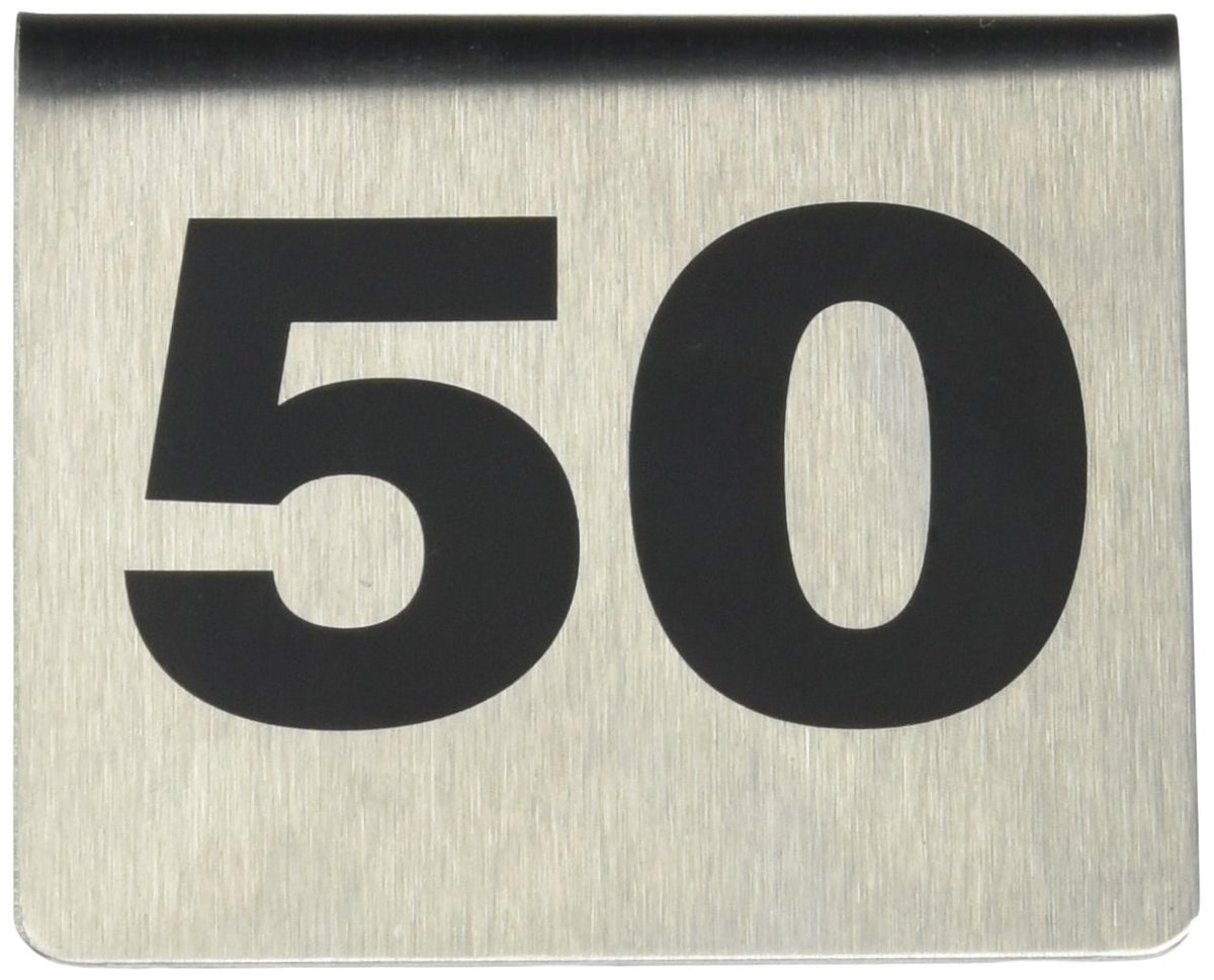 Tablecraft T150 Number Tents, 1-50 Set, Stainless Steel, Double-Sided Table Number Signs, Durable And Easy-To-Read, 2.5'' X 2.5'