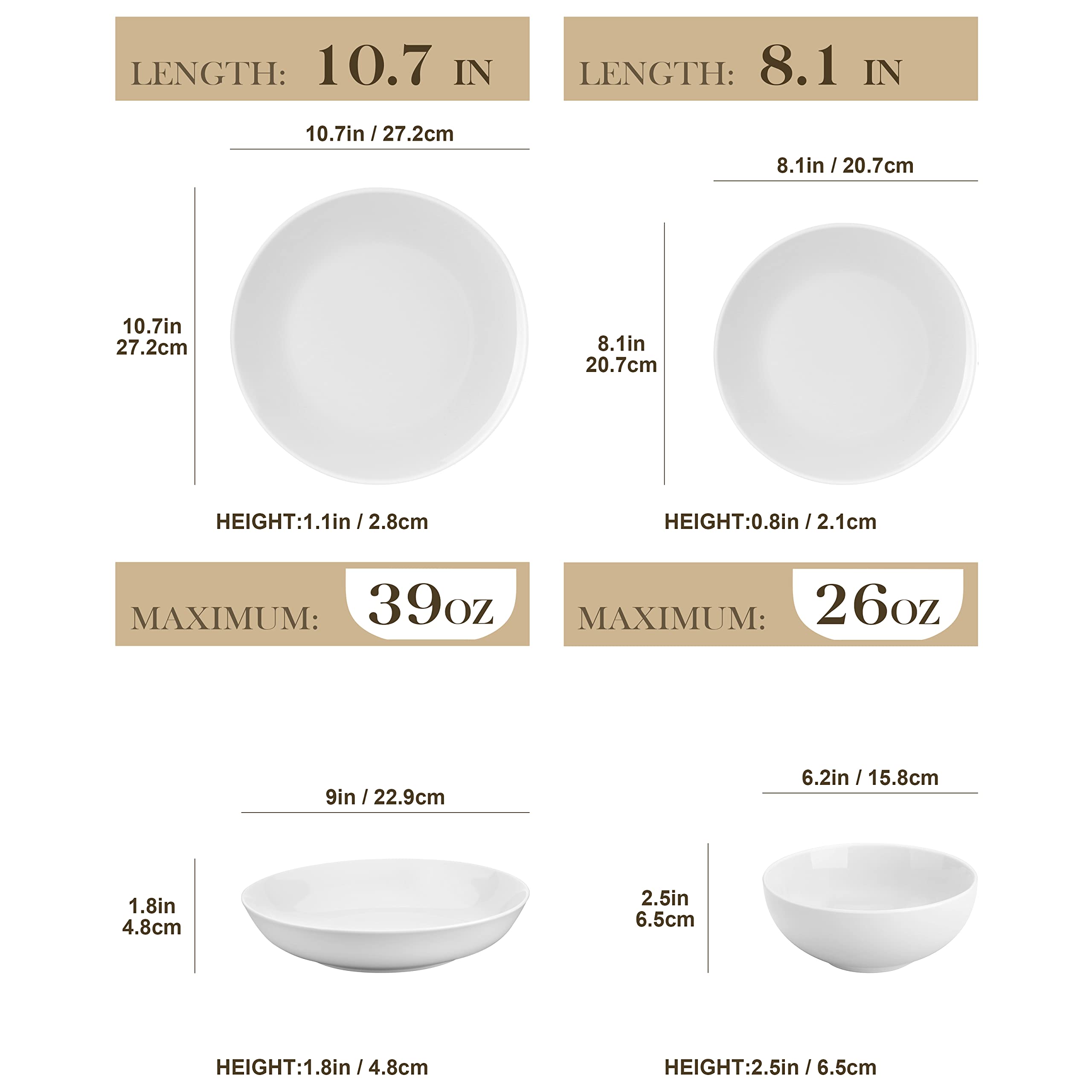 MALACASA 24-Piece Gourmet Porcelain Dinnerware Set for 6 - Modern White AMELIA Dish Set for Salad, Soup, Pasta, and Dessert