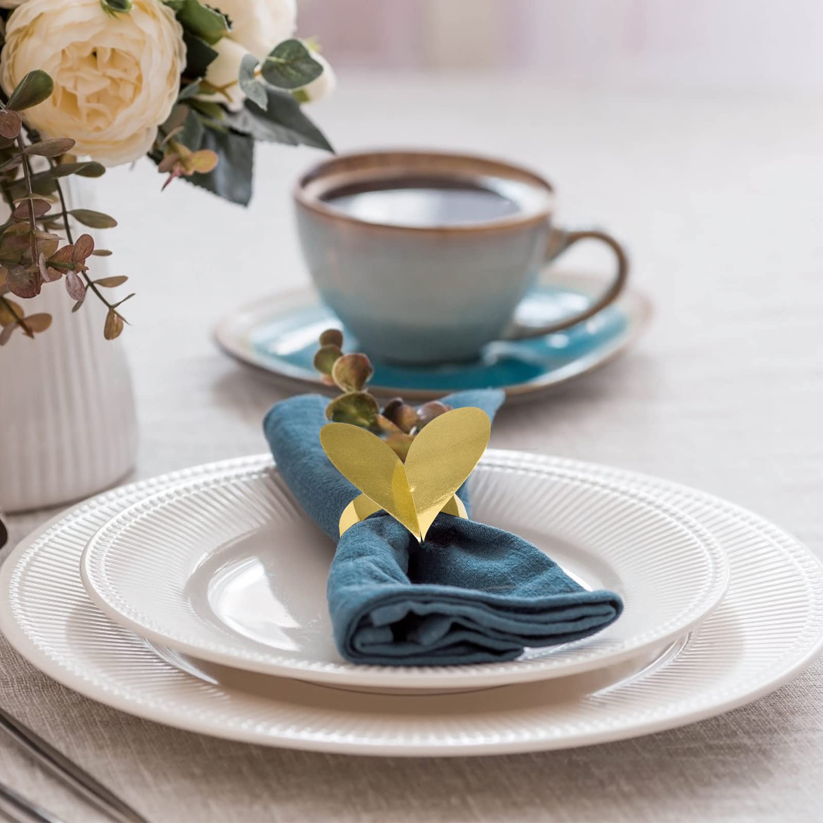 Urroma 50 Pcs Napkin Buckles, Reflective Gold Heart-Shaped Rings Paper-Made Holder Napkin Rings For Wedding Banquet Dinner Party