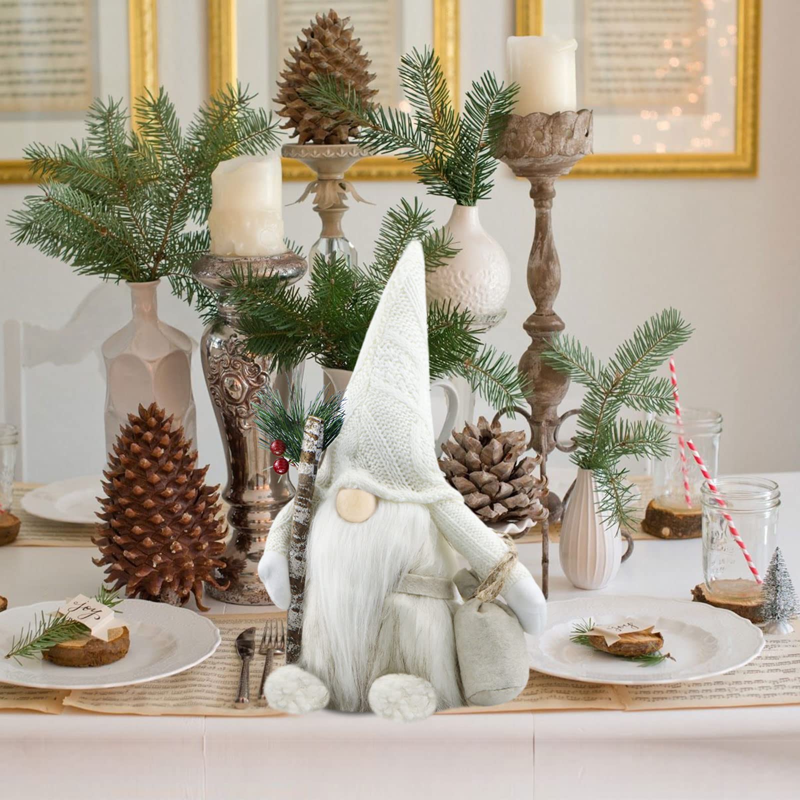 Gehydy Christmas Gnomes Decorations Handmade Scandinavian Tomte Santa with Branch and Bag Xmas Decor for Home Kitchen Farmhouse