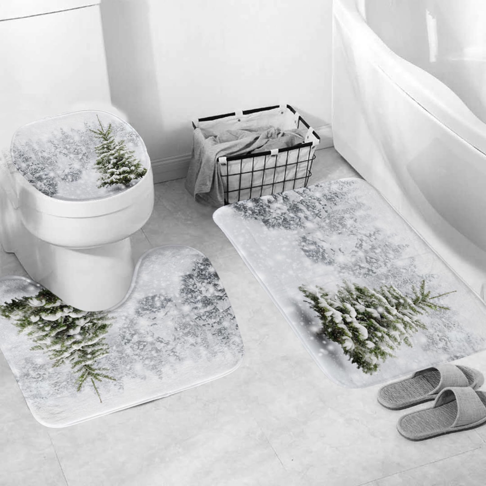 Onalasyc 4-Piece Christmas Shower Curtain Set,Winter Christmas Tree Snowflake Shower Curtains Holiday Bathroom Set with Shower C