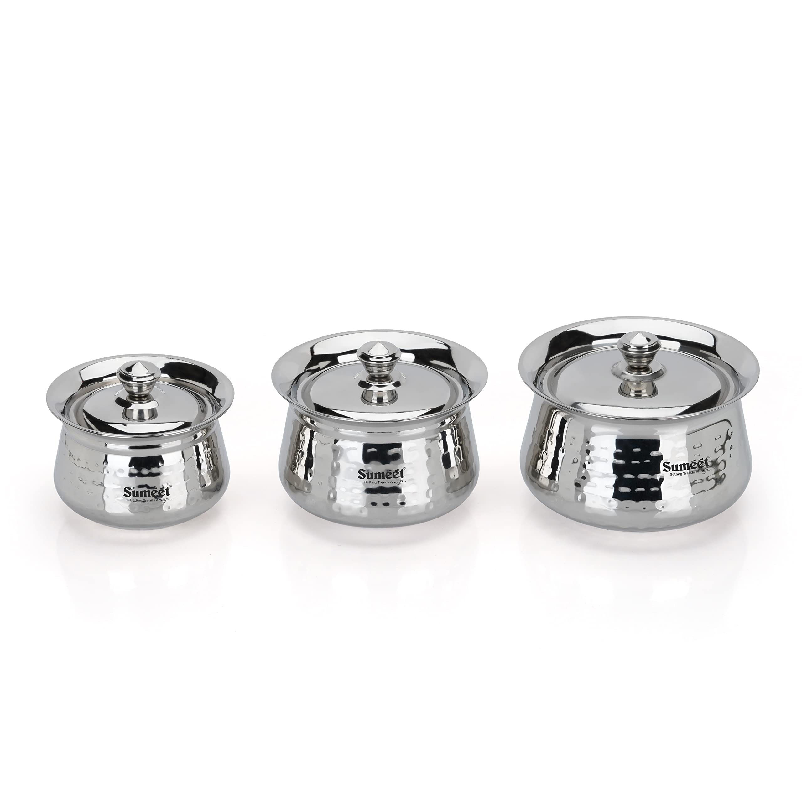 Sumeet Stainless Steel Handcrafted Hammered Texture Handi Set With Lid For Kitchen, Set Of 3, 460Ml, 650Ml & 950Ml, Silver