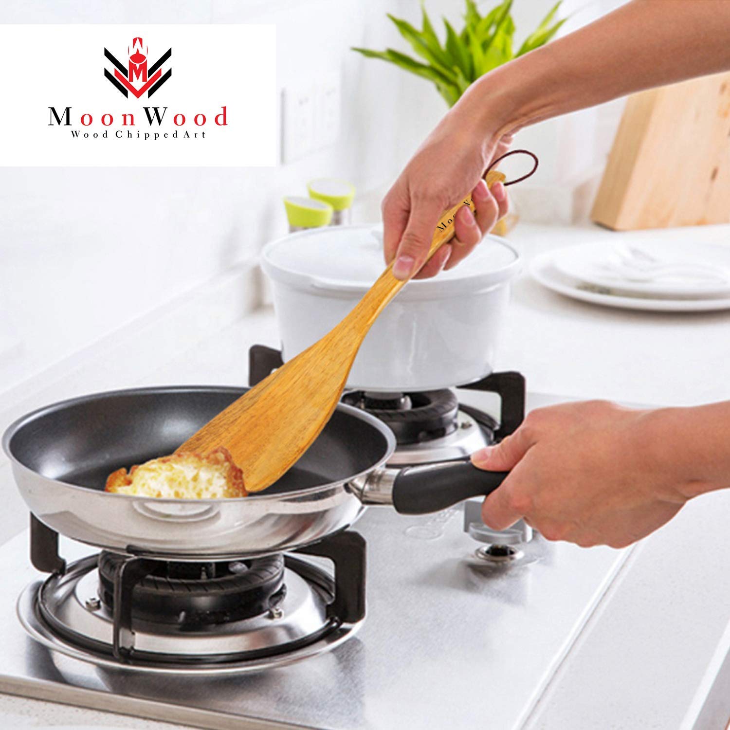 Wooden Spatula For Cooking - 12 Inch Premium Utensils Long Handled, Kitchen Spurtle Set Ideal For Pan And Wok - Wood Turner, Cor