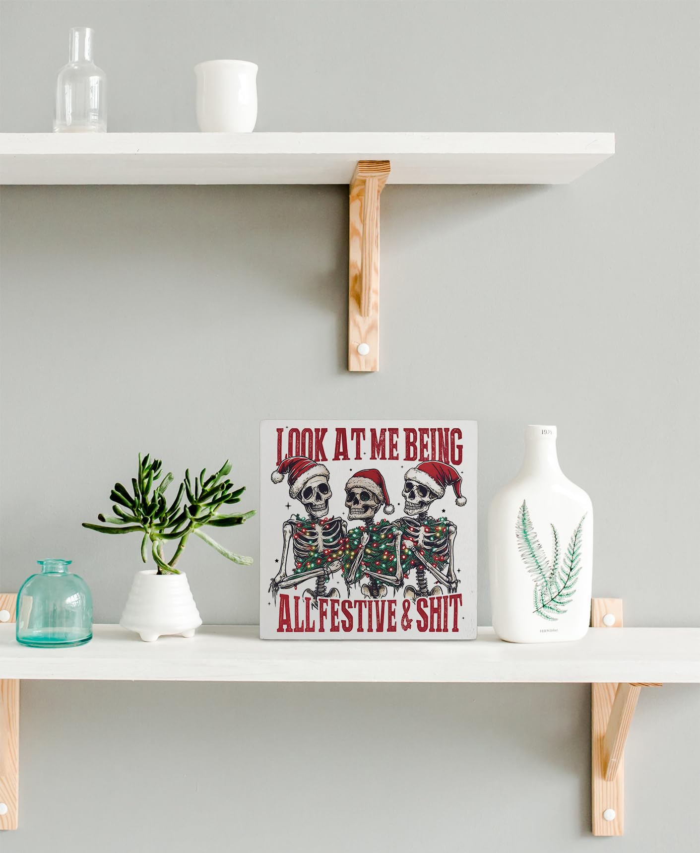 kunlisa Funny Christmas Skeleton Wooden Sign, Gothic Christmas Decor, Sarcastic Halloween Xmas Skeleton Holiday Wood Box Sign fo