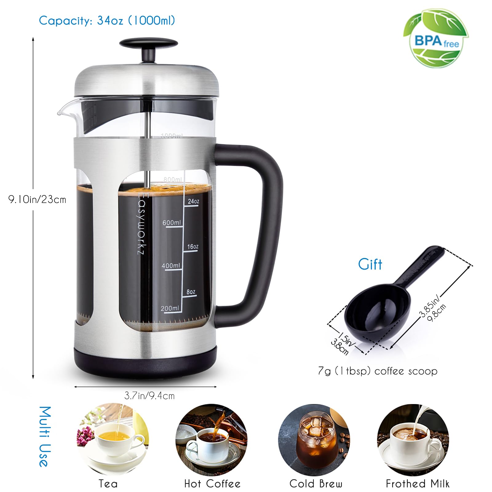 Easyworkz Stainless Steel French Press 34 Oz Coffee Tea Maker With Soft Grip Handle