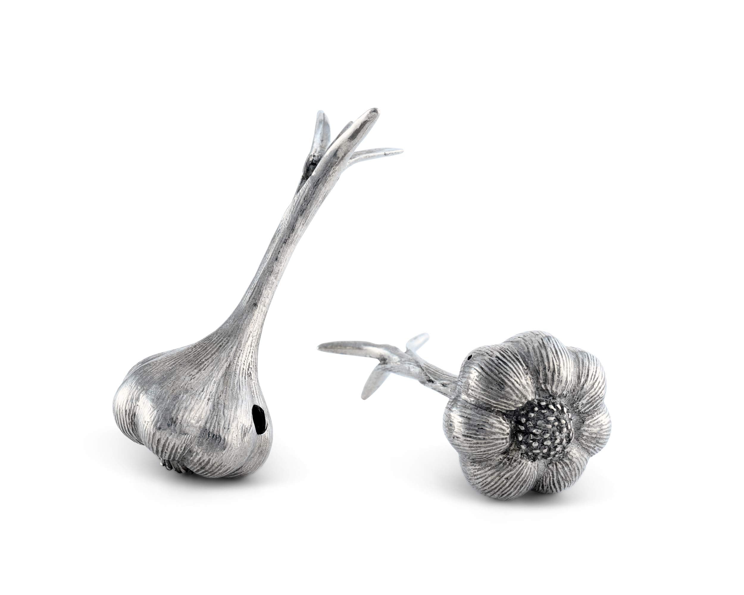 Vagabond House Pewter Garlic Salt And Pepper Metal S/P Shaker Set 5 Inch Long
