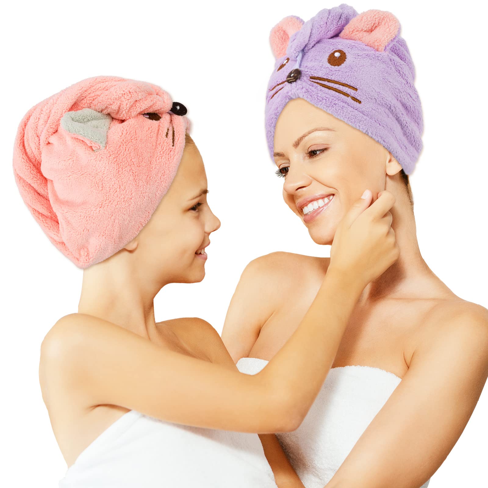 Whaline 2 Pack Parent-Child Quick Dry Hair Towel Cute Mouse Hair Towel Wrap Purple Pink Cotton Hair Turban Towels Super Absorben