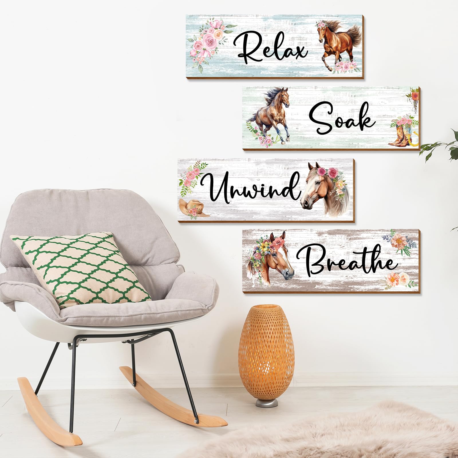Thrist Cowgirl Horse Theme Wall Decor 4Pcs Spiritual Healing Wall Decor Wooden Horse Wall Art Picture Relax Soak Unwind Breathe