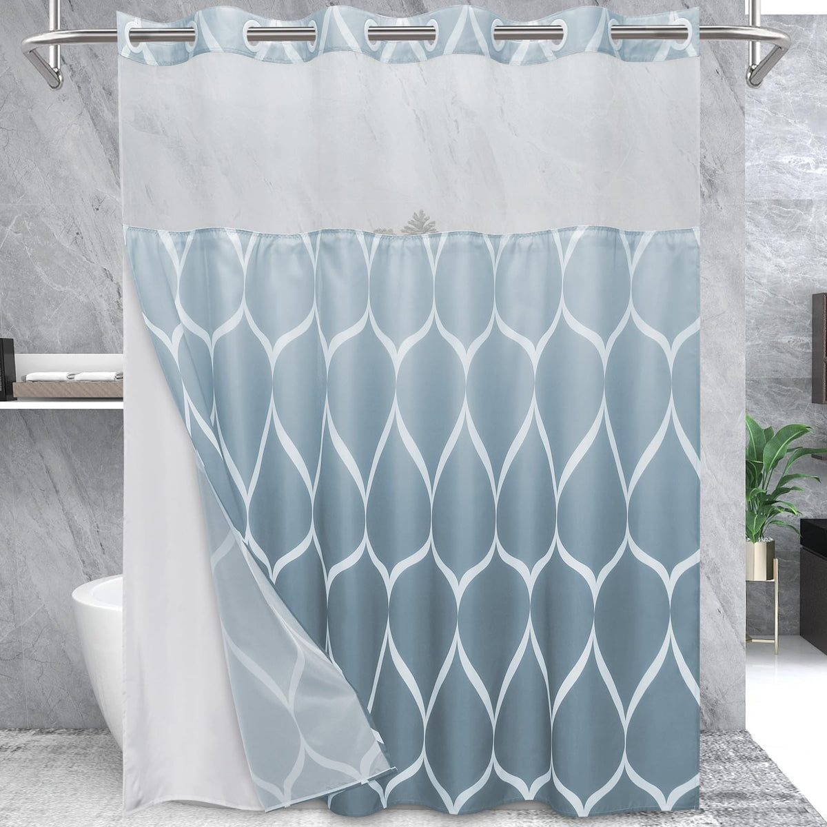 Yiatn No Hook Ombre Aegean Blue Shower Curtain With Snap In Fabric Liner Set - Hotel Style With See Through Mesh Top Window, Mod