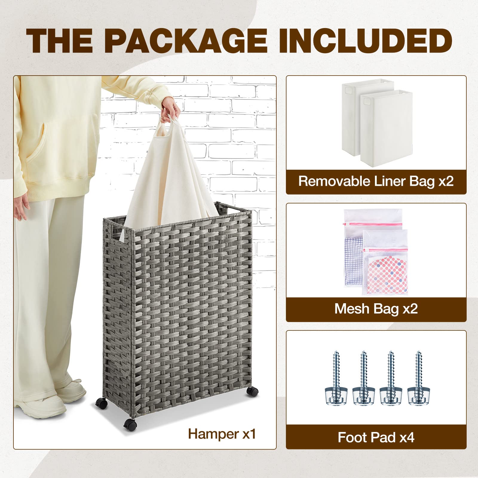 Greenstell Laundry Hamper with Wheels  50L Slim Laundry Basket with 2 Removable Liner Bags & 2 Mesh Bags  Narrow Dirty Clothes Basket  Handwoven Synthetic Rattan Organizer in Bathroom  Bedroom  Grey