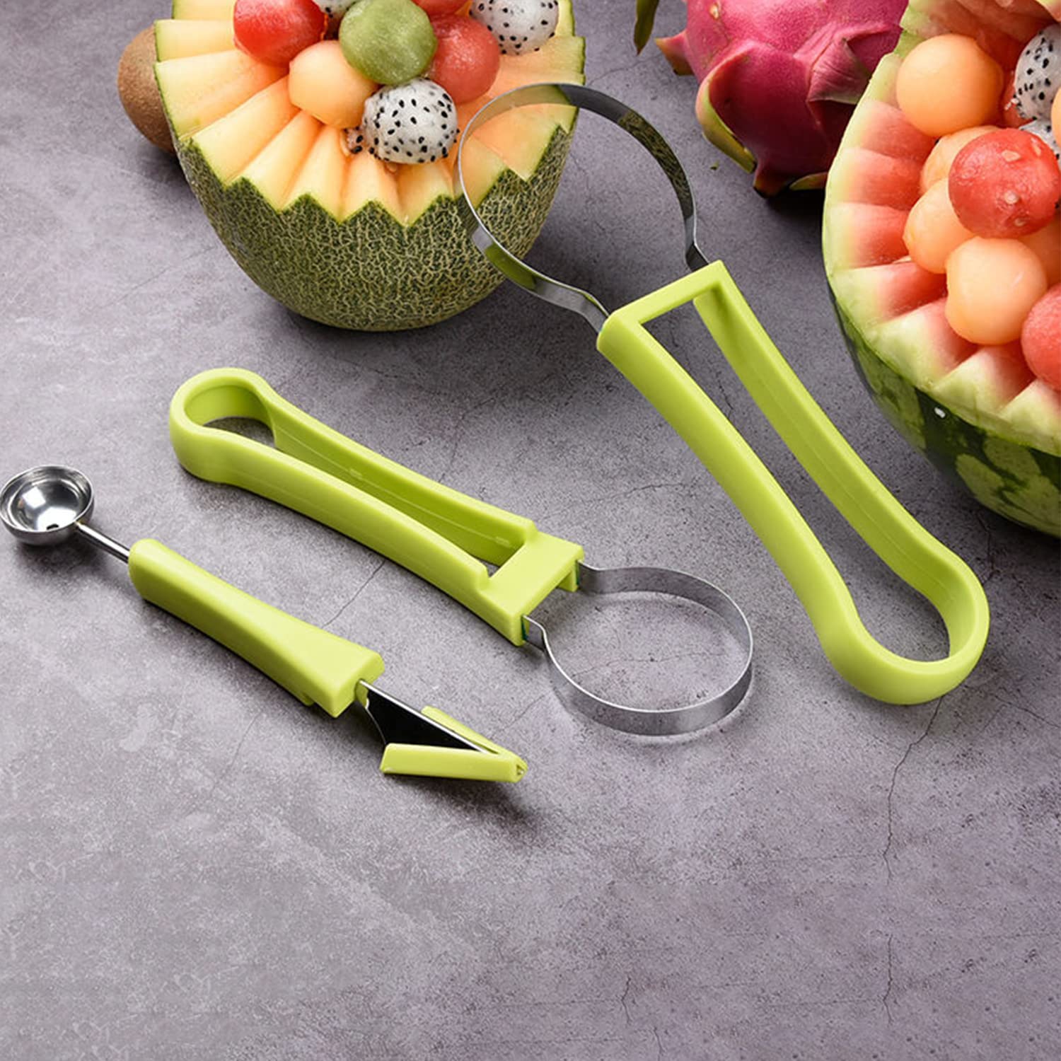 Suuker Melon Baller Scoop Set,4 In 1 Fruit Cutters Shapes, Watermelon Scooper Fruit Scooper And Baller, Fruit Carving Tools(Gree