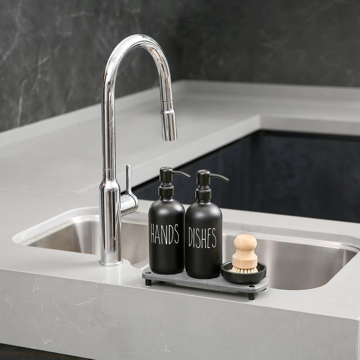 Momeemo Matte Black Soap Dispenser Set Comes With Stainless Steel Pumps, Instant Dry Tray, And Dish Scrub Brush, Suitable For Ma