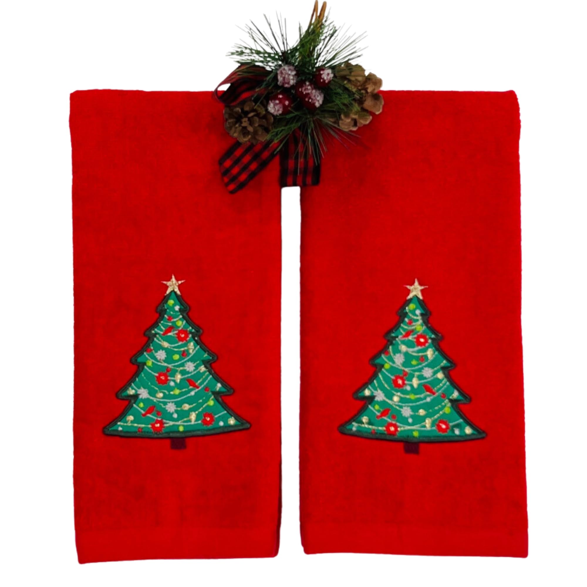 Luxury Holiday Christmas Hand Towels: Traditional Decorated Tree, Velour Terry Red Bathroom Towels, Set Of 2, 16 X 25
