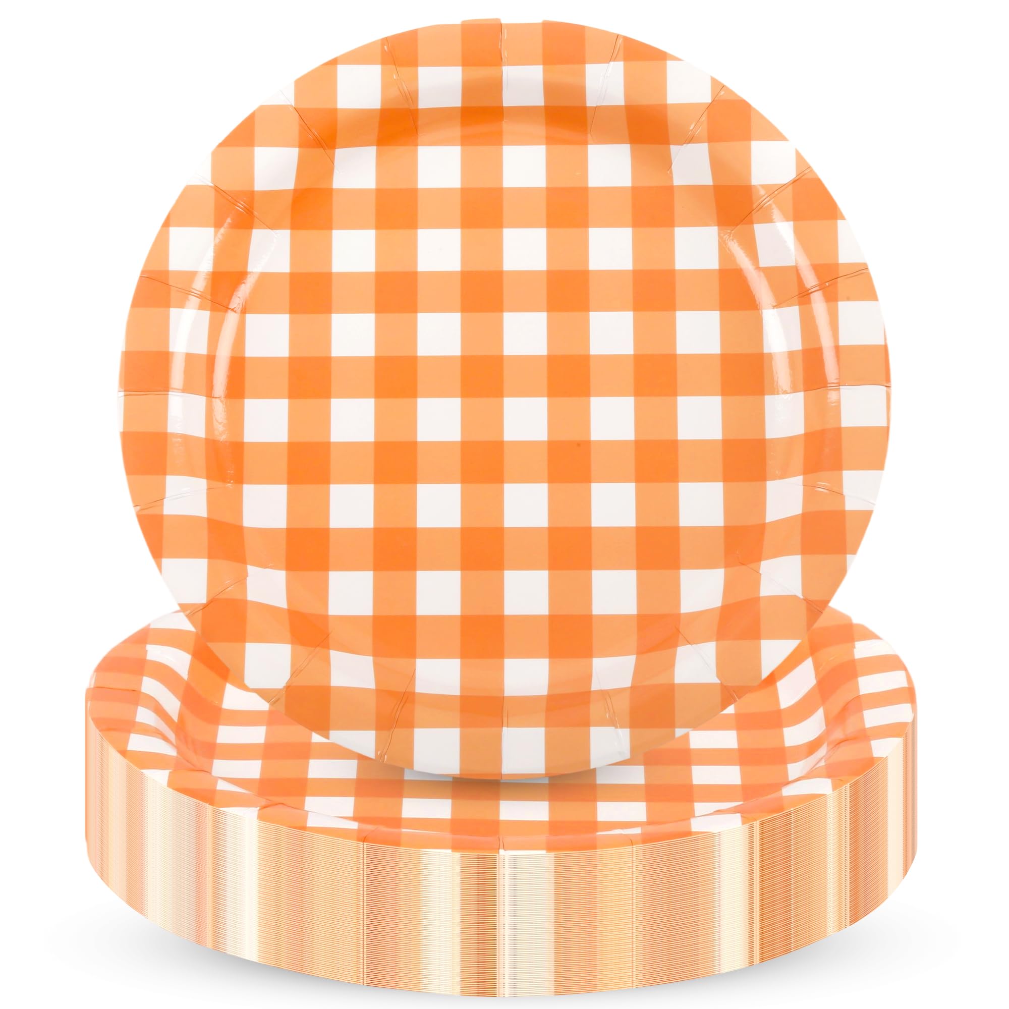 Houuqe 48Pcs Gingham Party Supplies Orange Paper Plates 9 inches Disposable Plaid Decorative Dinner Dessert Serving Plates for B