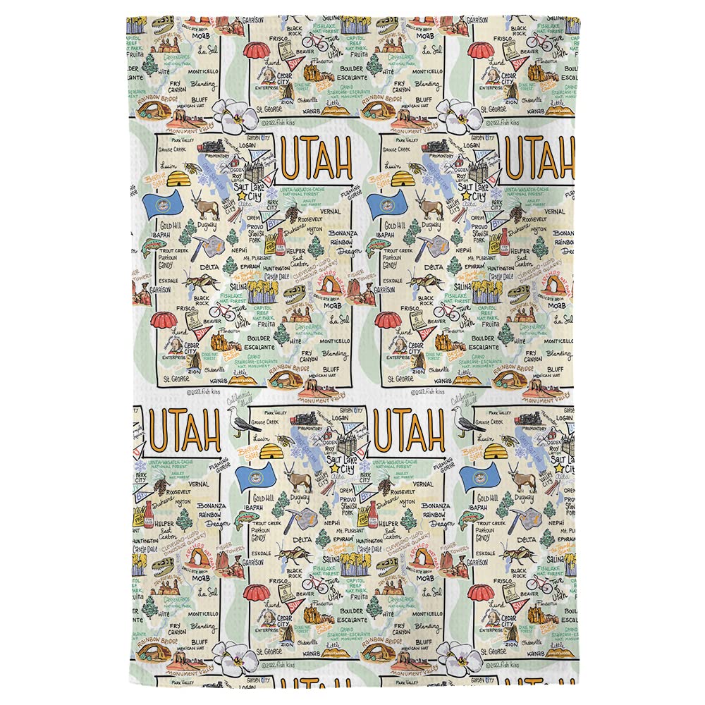 Fish Kiss 16''X24'' Utah Map Towel Is 100% Microfiber Waffle Weave Help You Explore In Detail - Our Super Absorbent & Soft, Mach