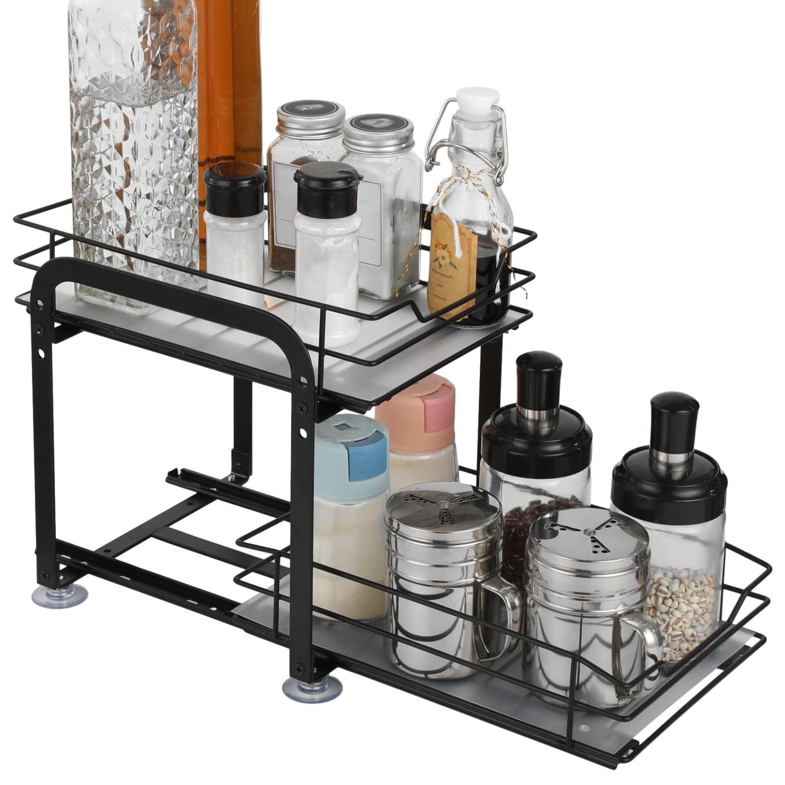 Pull Out Spice Rack Organizer for Cabinet, 2 Tier Metal Spice Rack with Adjustable Height, Slide Out Cabinet Organizer Holds Up 