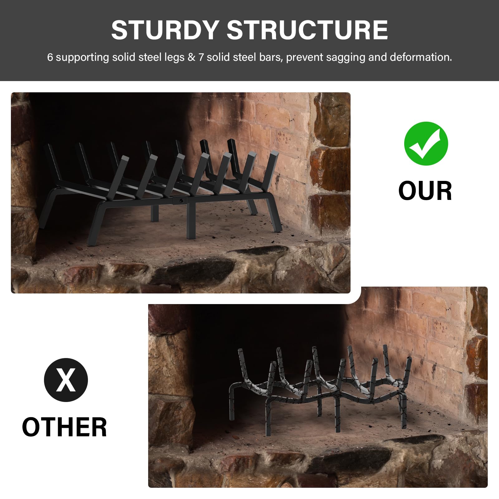 Snogswog 24'' Fireplace Grate, Solid Steel Firewood Burning Rack, Heavy Duty Fire Grates, Matt Black Fireplace Rack, 7-Bars Fire