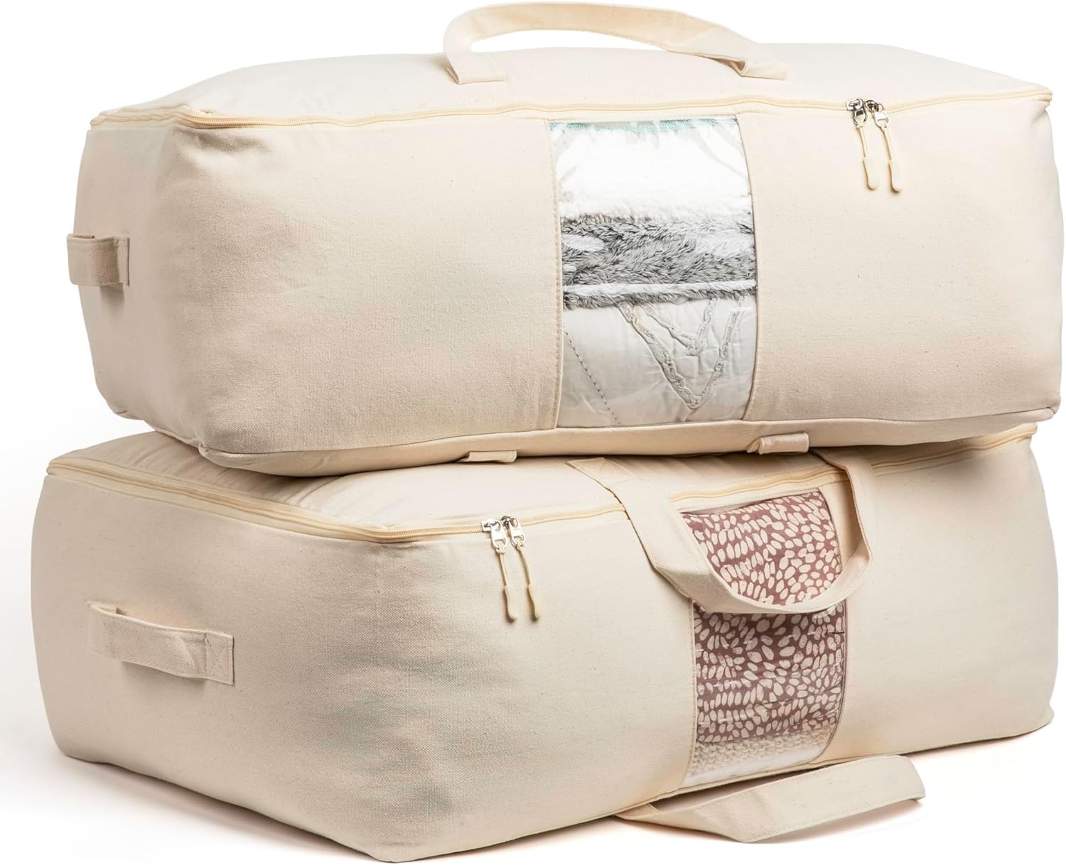 Hollio Extra Large Storage Box Soft Canvas Storage Bags With Zipper 4Carrying Handles And Window 25X19X9 Inch Bag For Blankets 