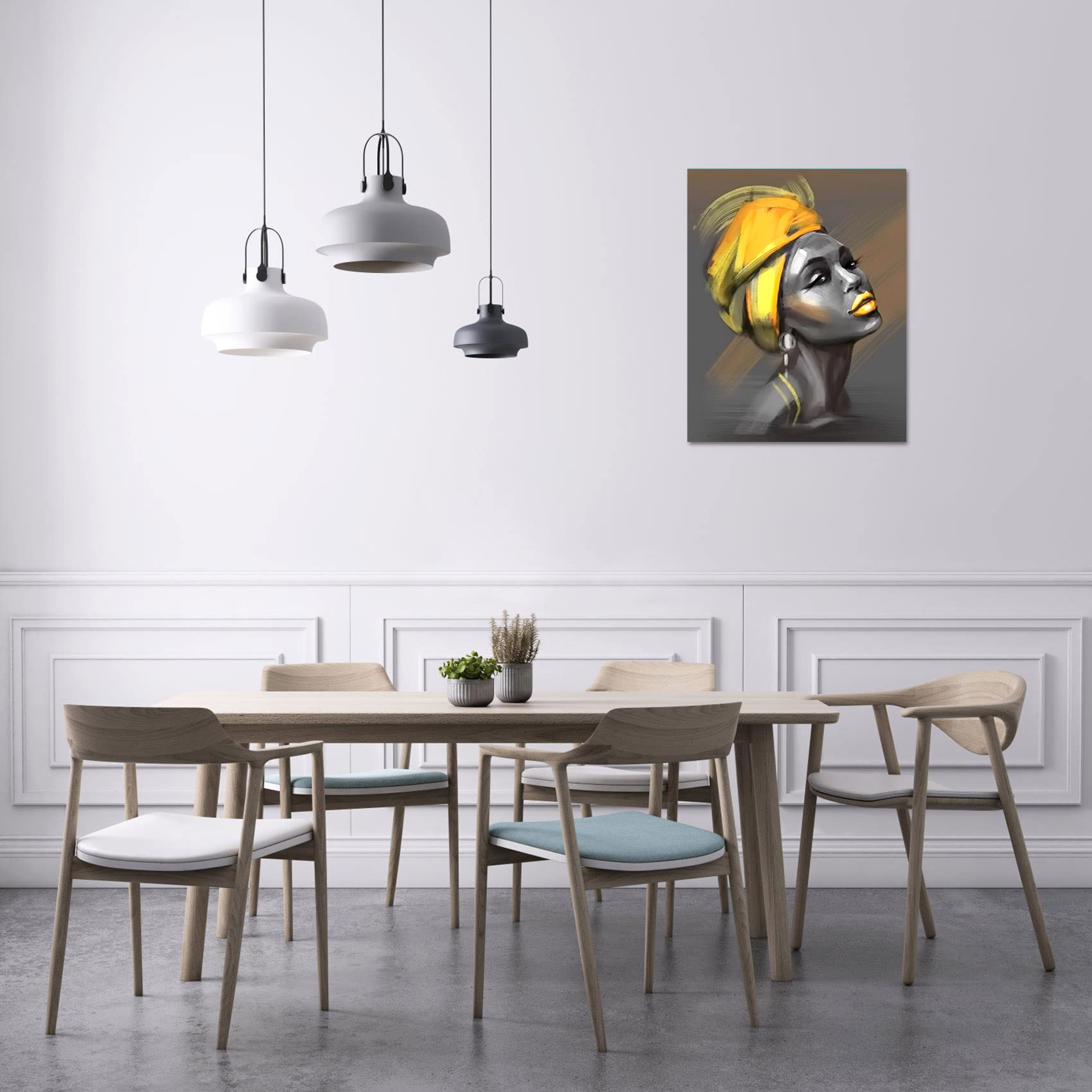 LB Framed African American Women Canvas Wall Art Black Woman Yellow Hair Beauty Abstract Painting Canvas Prints Living Room Bedroom Bathroom Home Decoration Ready to Hang 12x16 inch