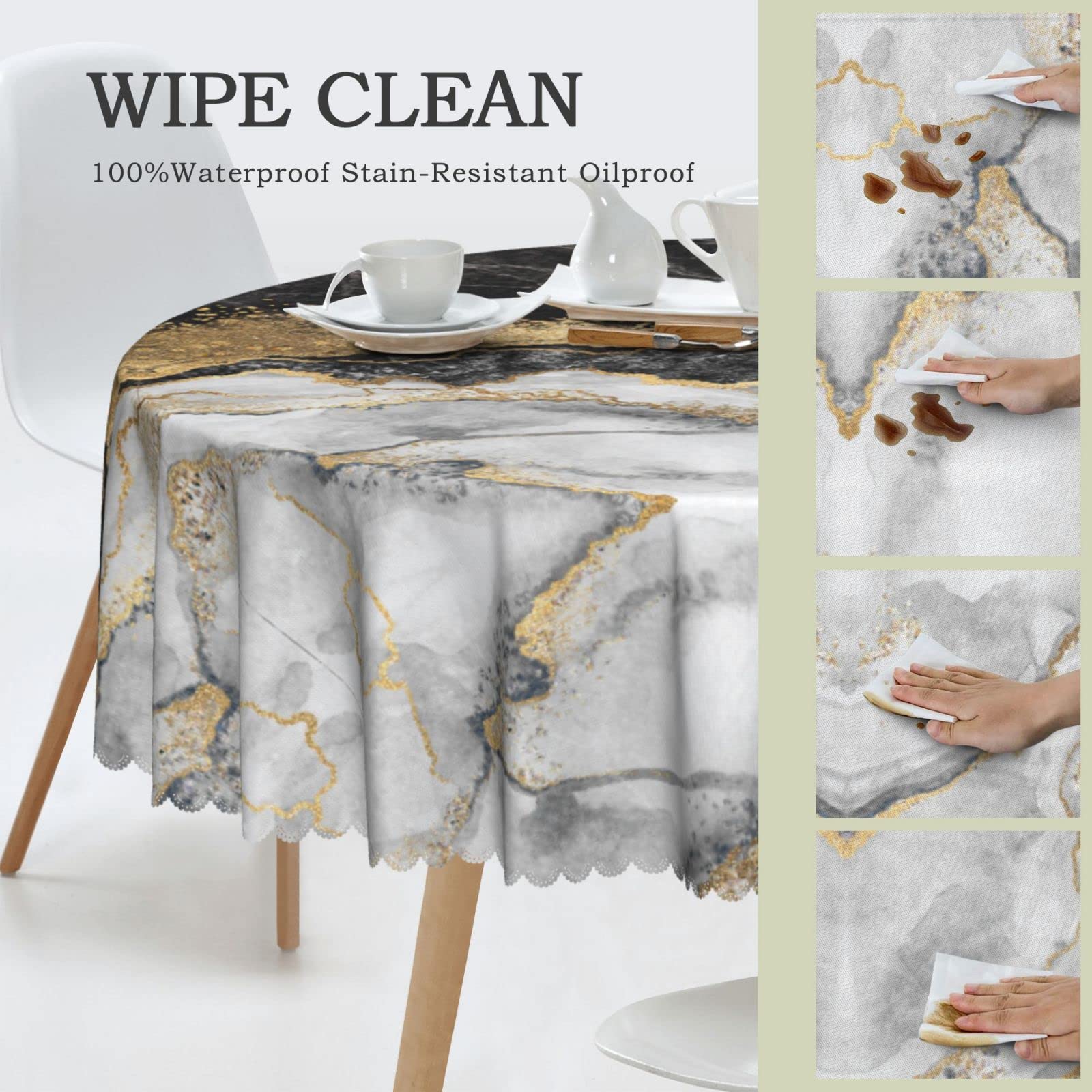 Vvtdesa Black Marble Tablecloth For Round Tables, Oil-Proof Spill-Proof And Easy Clean Tablecloth With Lace Trim, 60 Inch Round