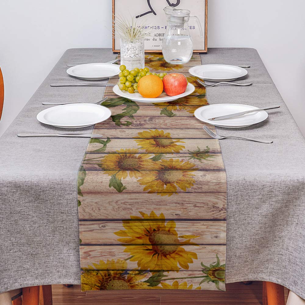 Sunflowers Rustic Table Runner-Cotton Linen-Small 36 Inche Dresser Scarves,Farmhouse Tablerunner For Kitchen Coffee/Dining/Sofa/