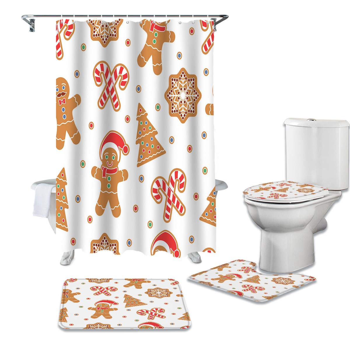 4 Pcs Shower Curtain Sets With Non-Slip Rug, Toilet Lid Cover & Bath Mat, Christmas Element Gingerbread Man Candy Stick Snowflak