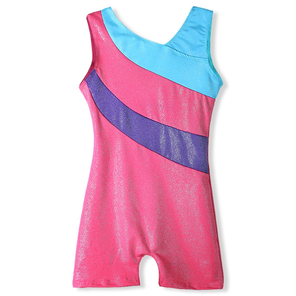Hoziy Gymnastics Leotard For Girls With Shorts Size 6-7 Years Old Shiny Blue Stripe Pink