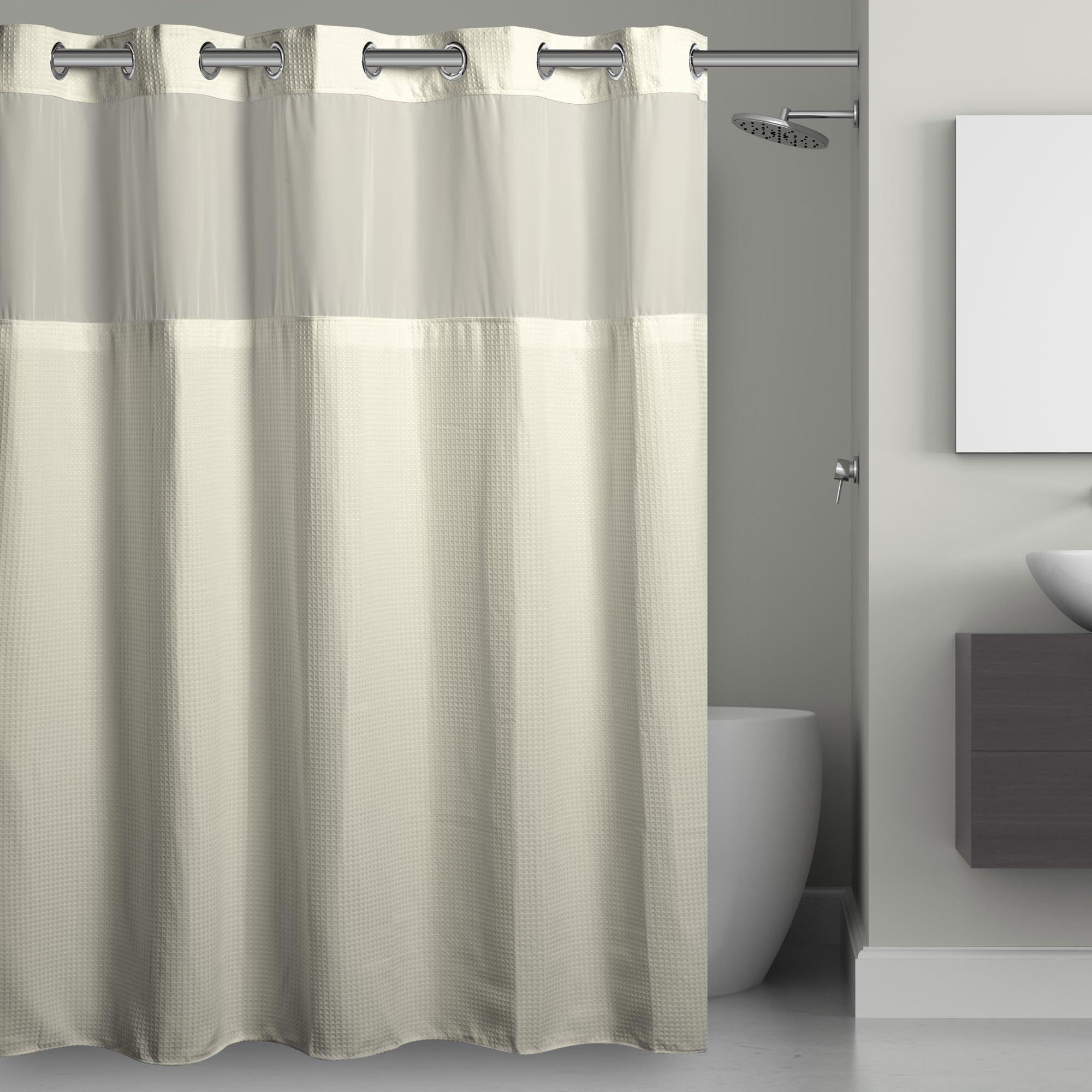 ItS A Snap! Waffle Shower Curtain, 3-In-1 With Sheer Top Window, Flex-On Rings & Liner, 71 X 74, Cream