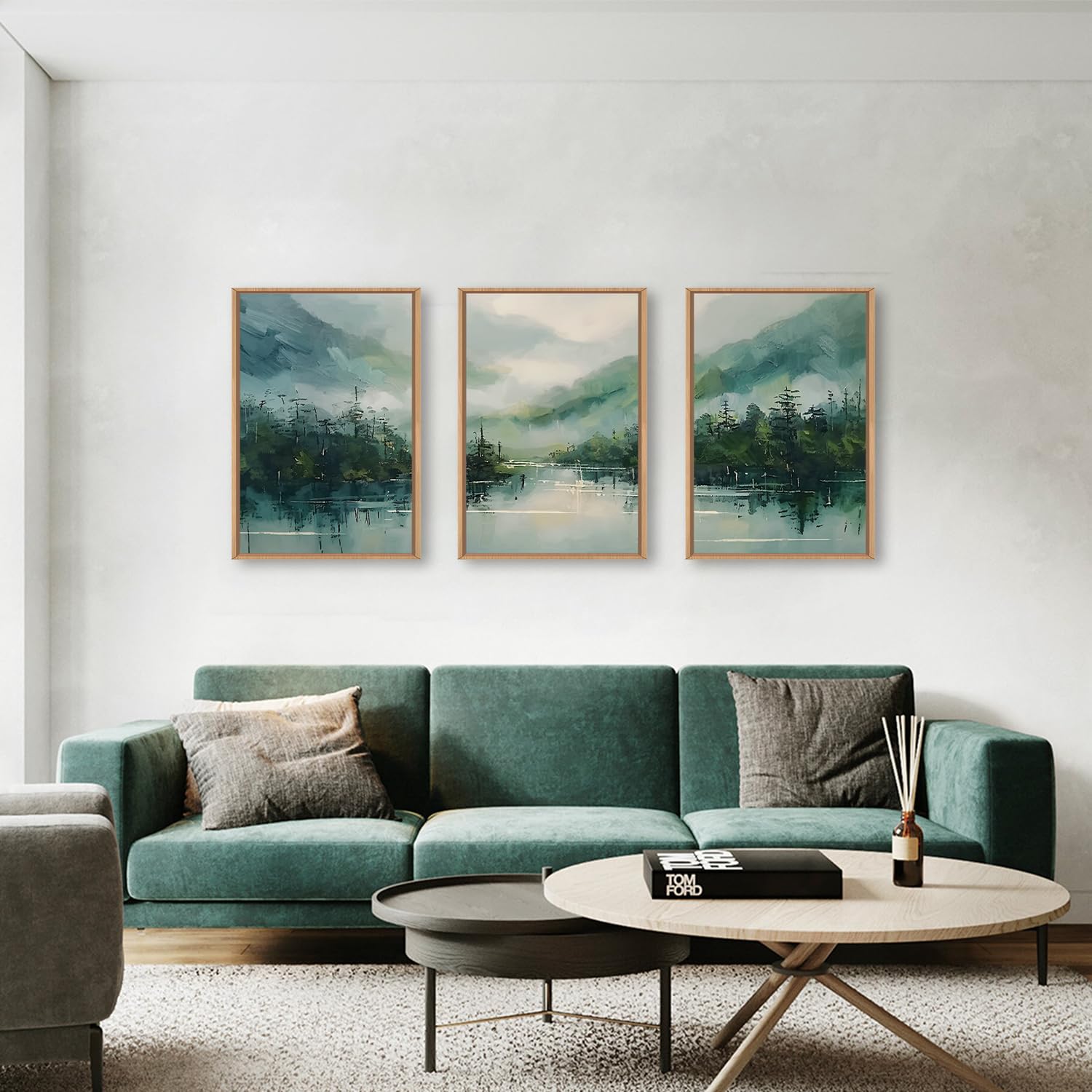 Lhiuem Large Geen Forest Mountain Framed Canves Wall Art Set,Misty Watercolor Artwork,Abstract Modern Nature Pine Tree Landscape