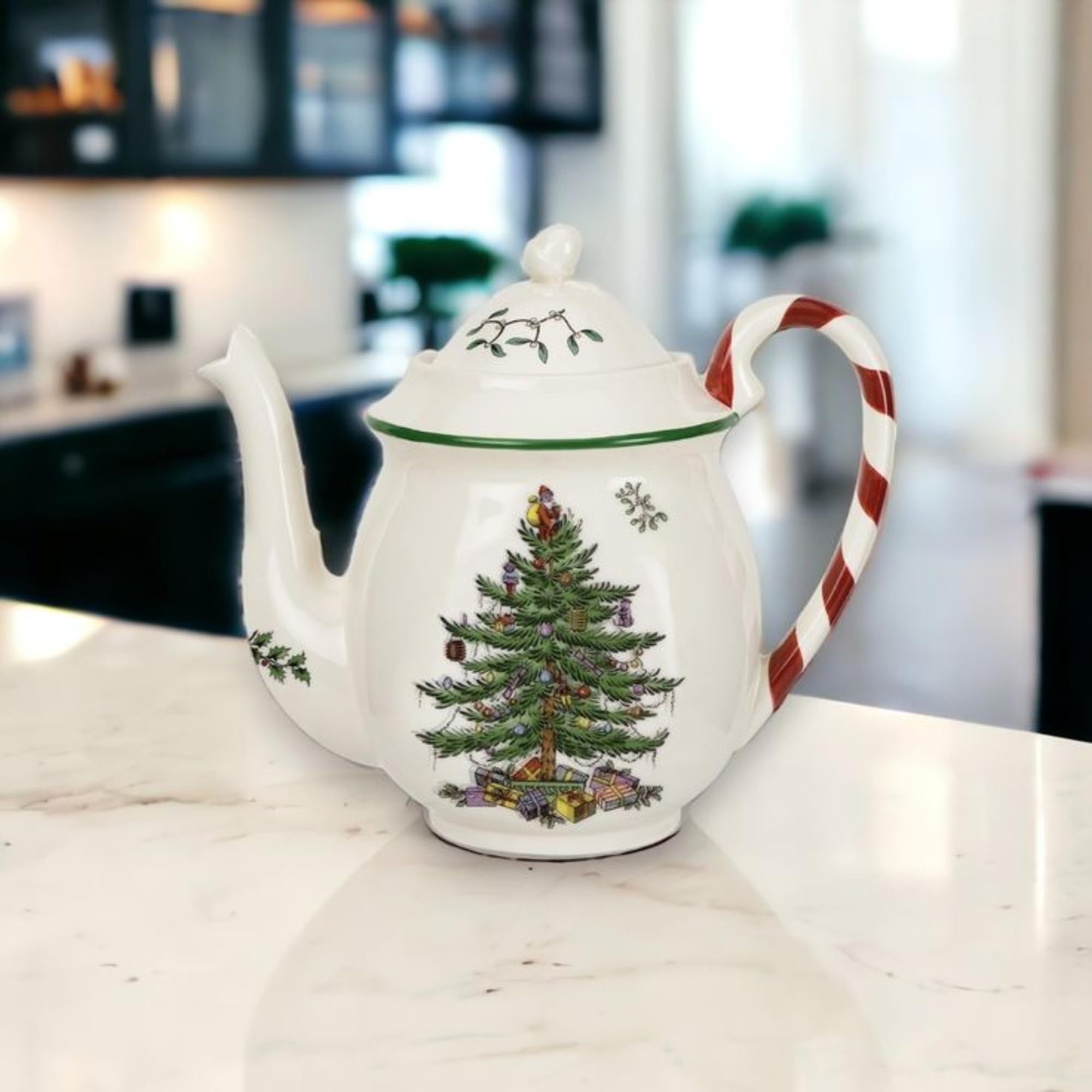 Spode Christmas Tree Candy Cane Teapot | Large Teapot With Lid For Hot Drinks, Tea, Coffee, Hot Chocolate, | Christmas Tree Desi