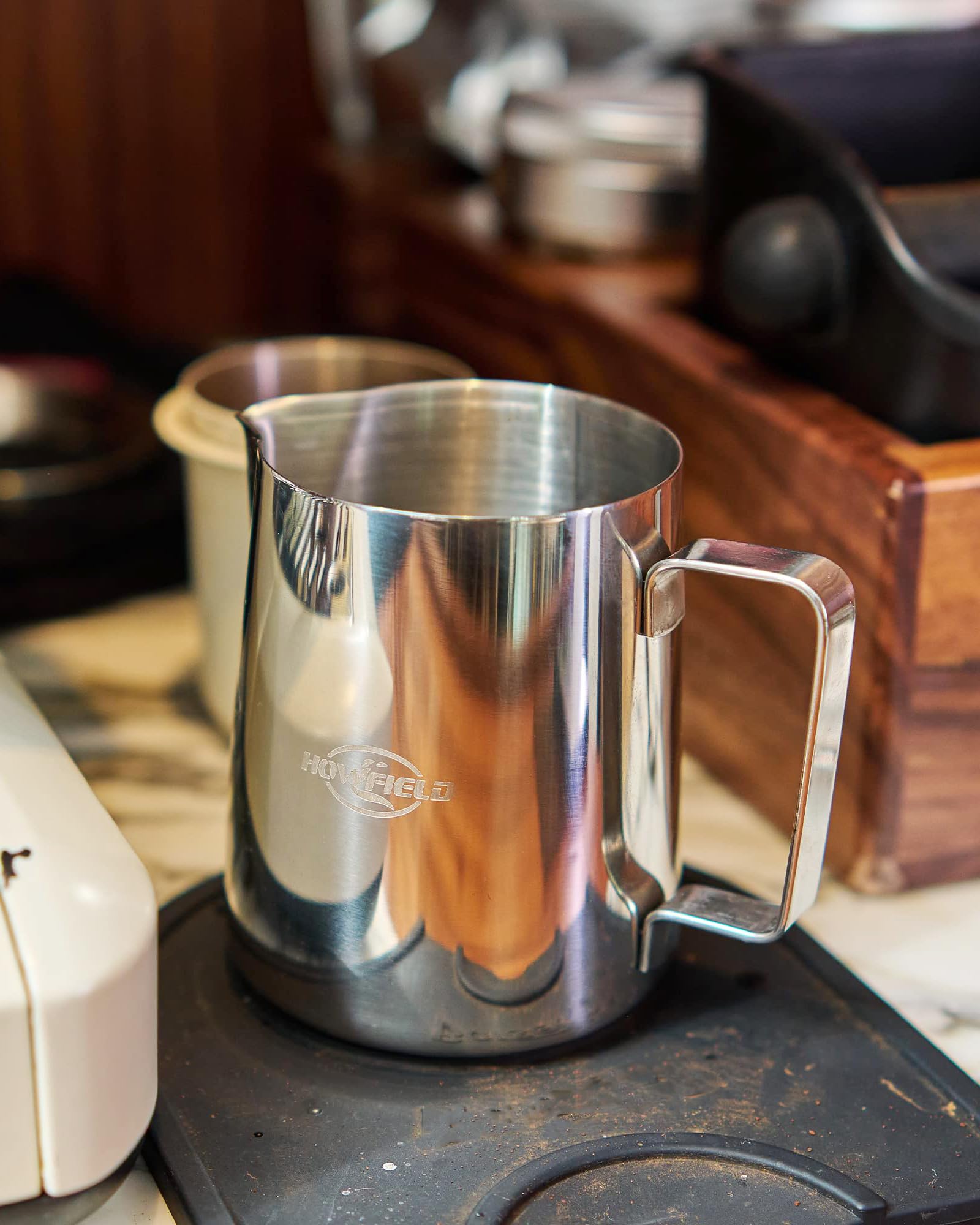 HOWFIELD 12oz Milk Frothing Pitcher – 304 Stainless Steel, Anti-Scald Handle, Latte Art Pen, Silver - Barista Tool for Coffee Lovers