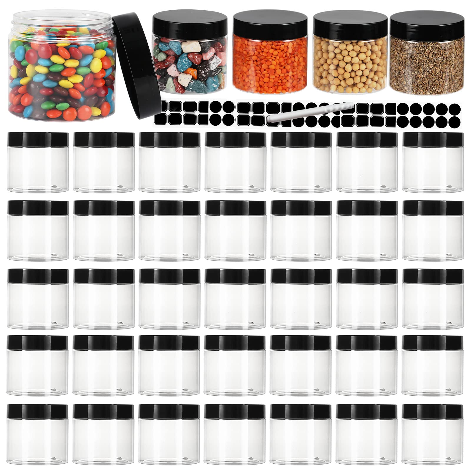 Ekkovla 40 Pack 6 Oz Clear Plastic Jars Wide Mouth Round Containers With Black Lids Bpa Free, Empty Multi-Use Refillable Storage