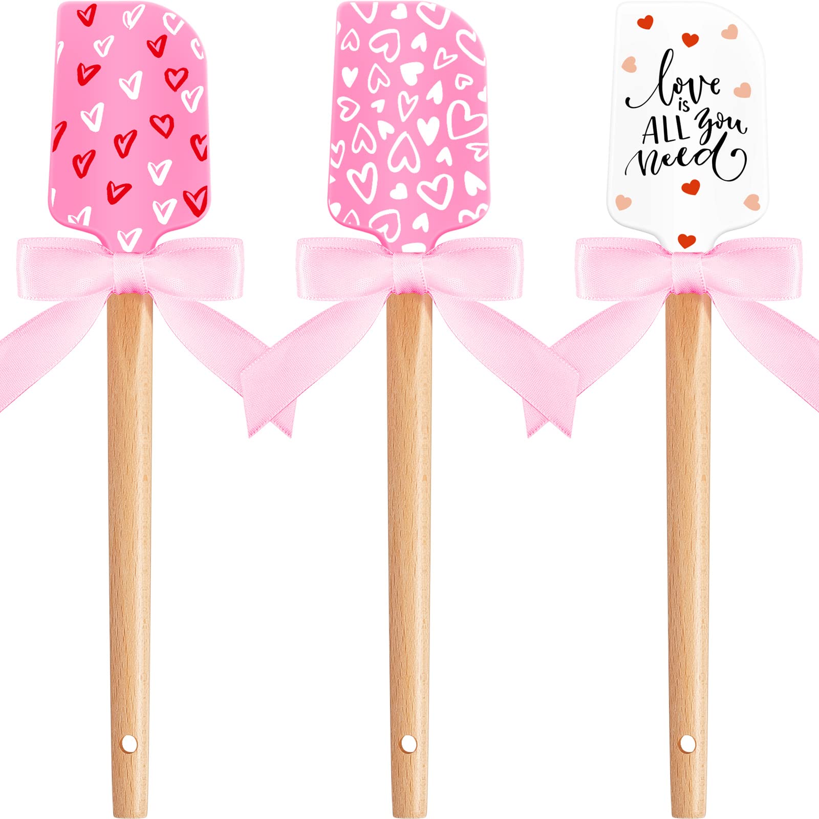 3 Pcs Valentine'S Day Silicone Spatulas With Wooden Handles Valentine Pattern Heat Resistant Baking Spatulas Silicone Spatulas W