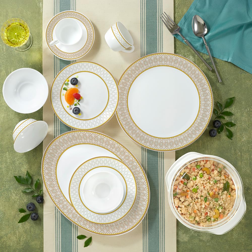 Larah By Borosil Opalware Dinner Set | 61 Pcs For Family Of 8 | Microwave & Dishwasher Safe | Bone-Ash Free | Crockery Set For D