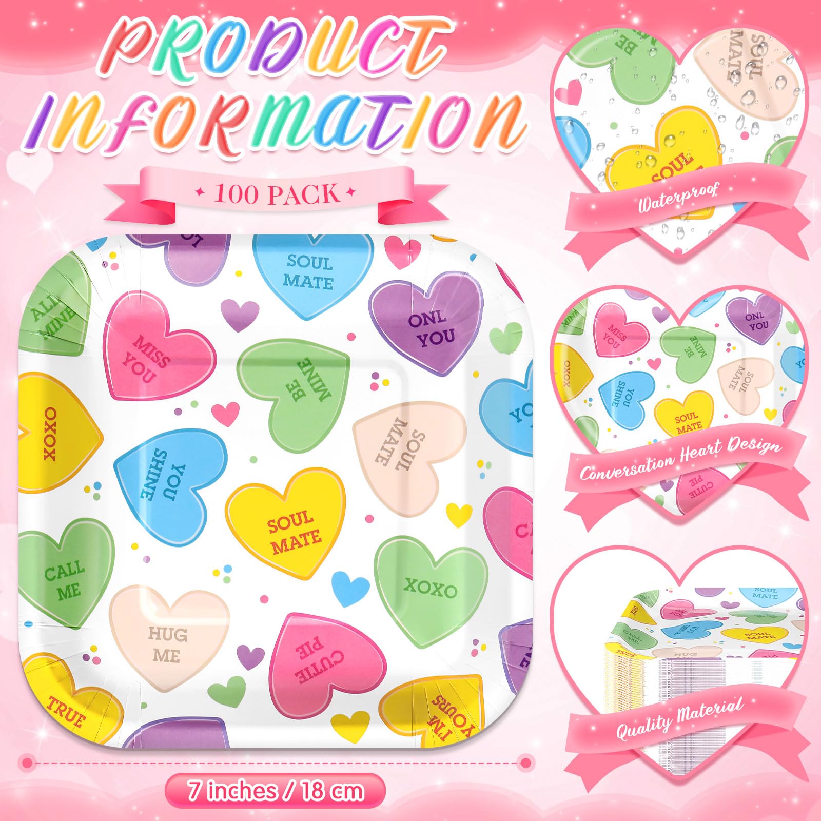 Potchen 100 Pcs Valentine'S Day Dessert Plates Bulk 7 X 7 Inch Conversation Heart Paper Plates Disposable Heart Square Paper Pla