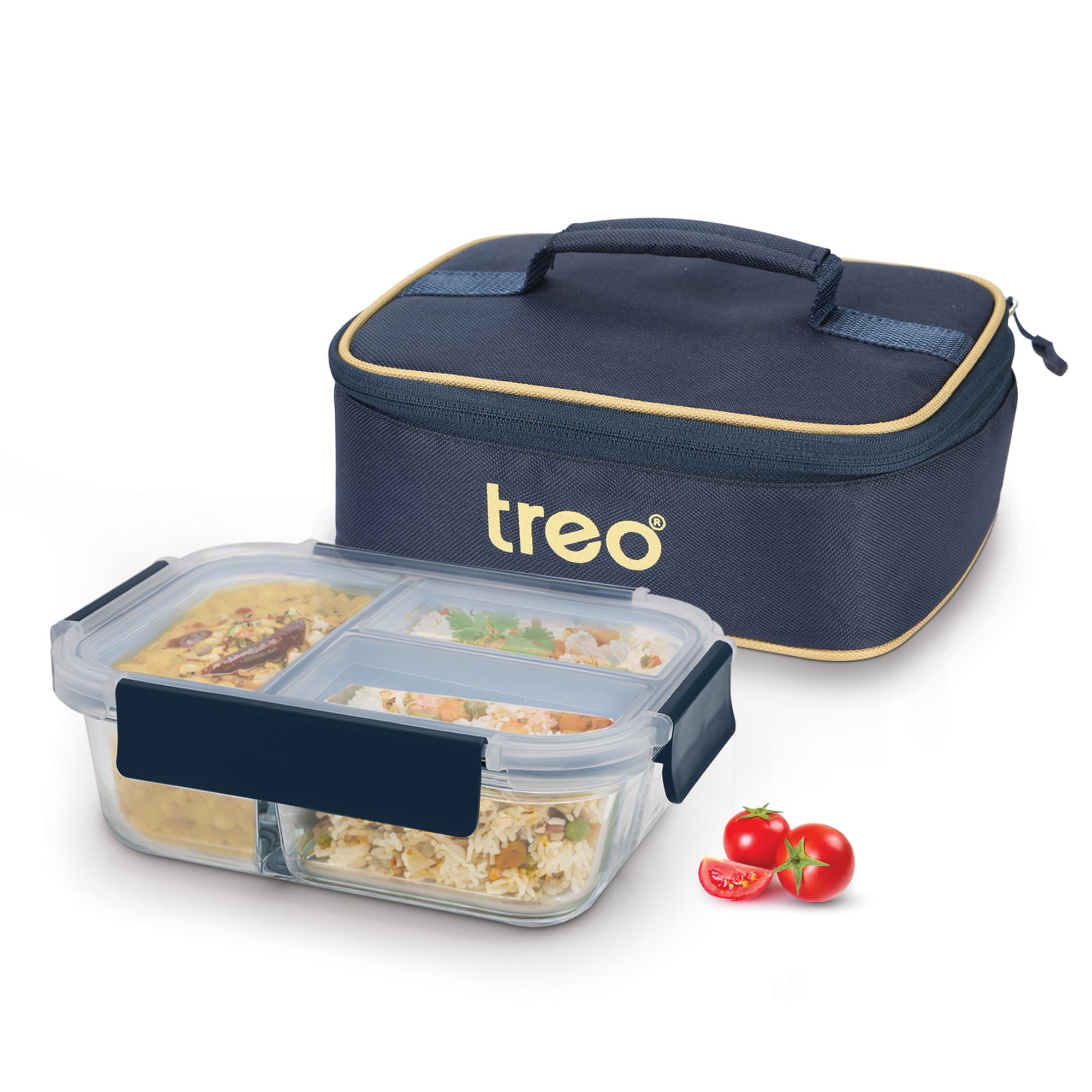 Treo By Milton All Fresh Rectangle 3 Compartment Lunch Box | 1000 Ml Borosilicate Glass | Microwave & Oven Safe | Air-Vent Leak-
