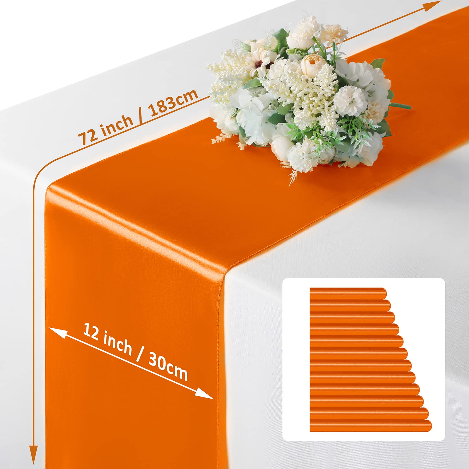 Manyshofu 12Pcs Satin Orange Table Runner - 12 x 72 Inch Long Size  Party Table Runner Decor Bright & Smooth Wedding Decorations Table Runner for Banquet Chef Birthday Buffet Dinner Graduations