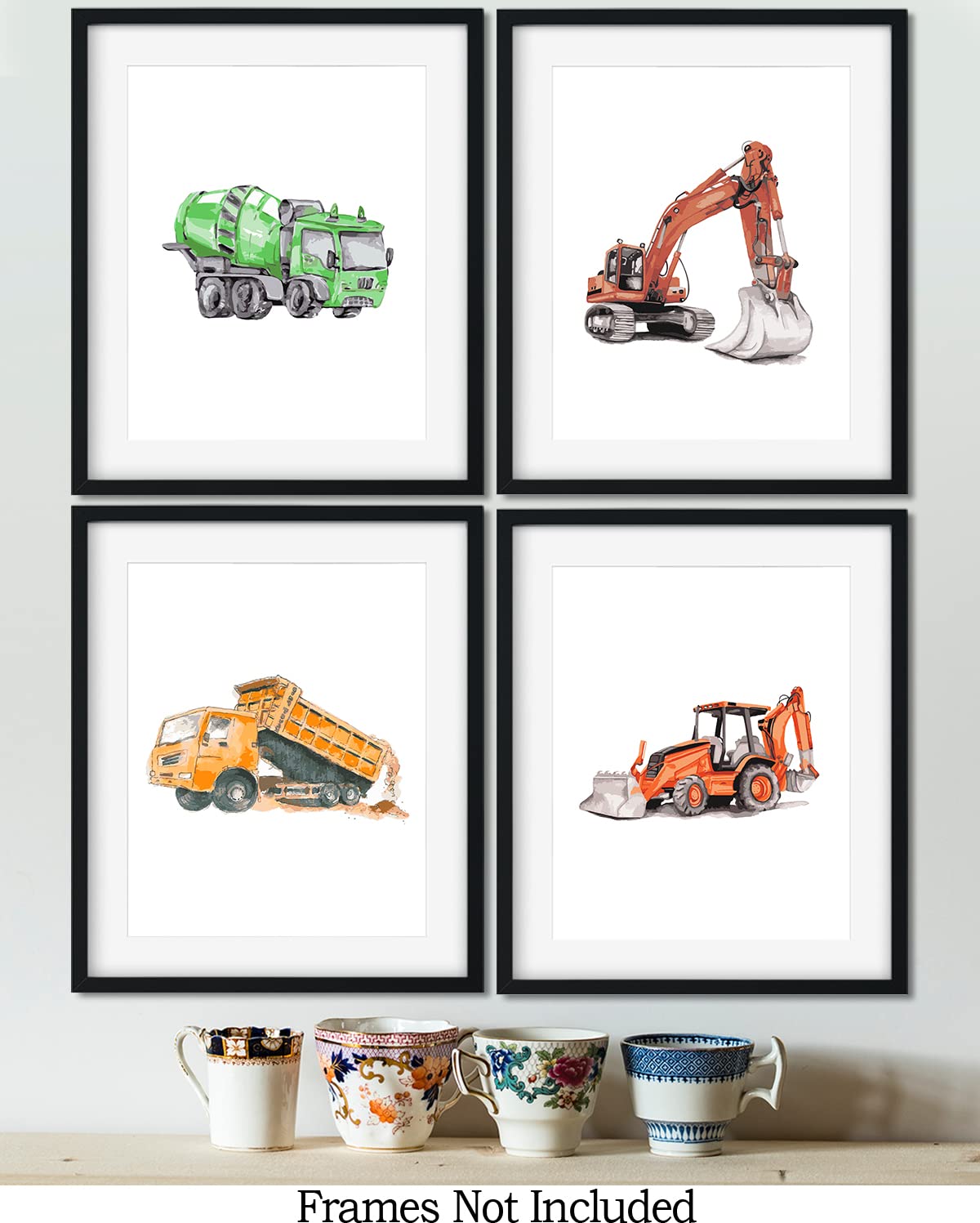 Govivo Boy'S Construction Vehicles Wall Art - Set Of 4 (8X10) Unframed Prints - Modern Nursery Room Decor For Boys - Toy Room An