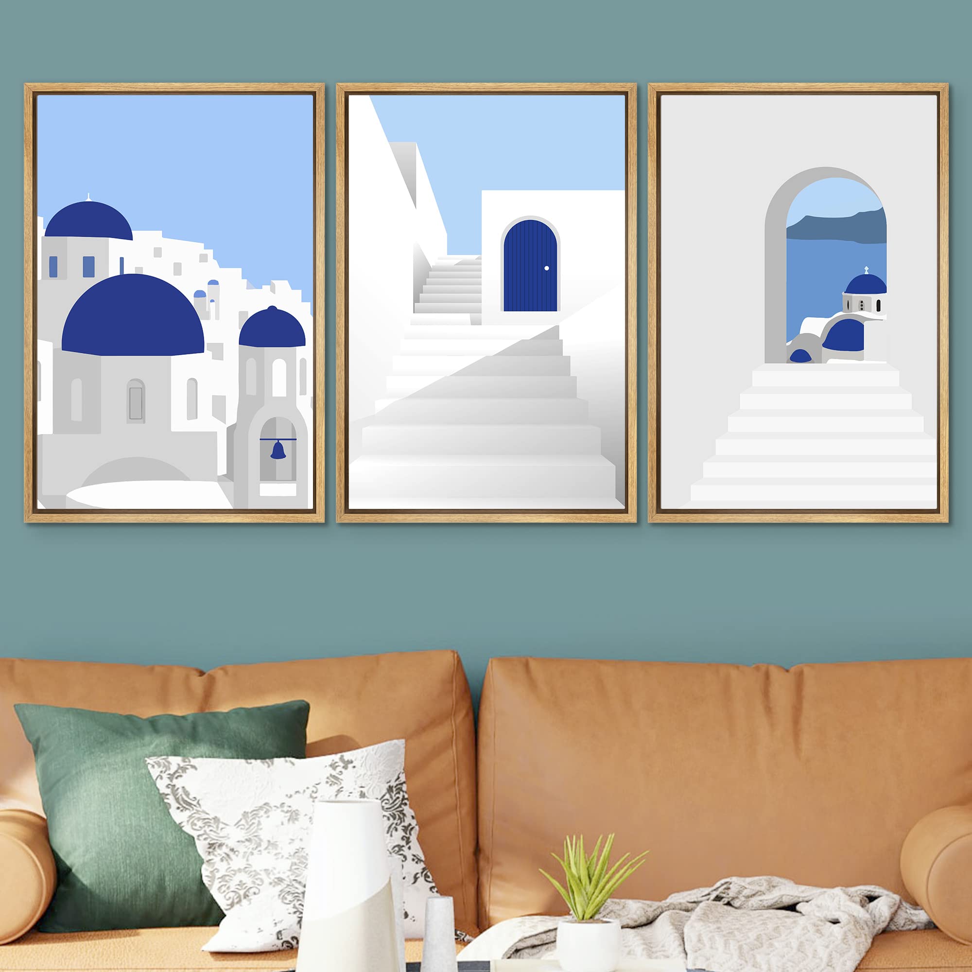 Signwin Framed Canvas Print Wall Art Set Greek Mediterranean Building Collage Places Country Illustrations Modern Bohemian Sceni