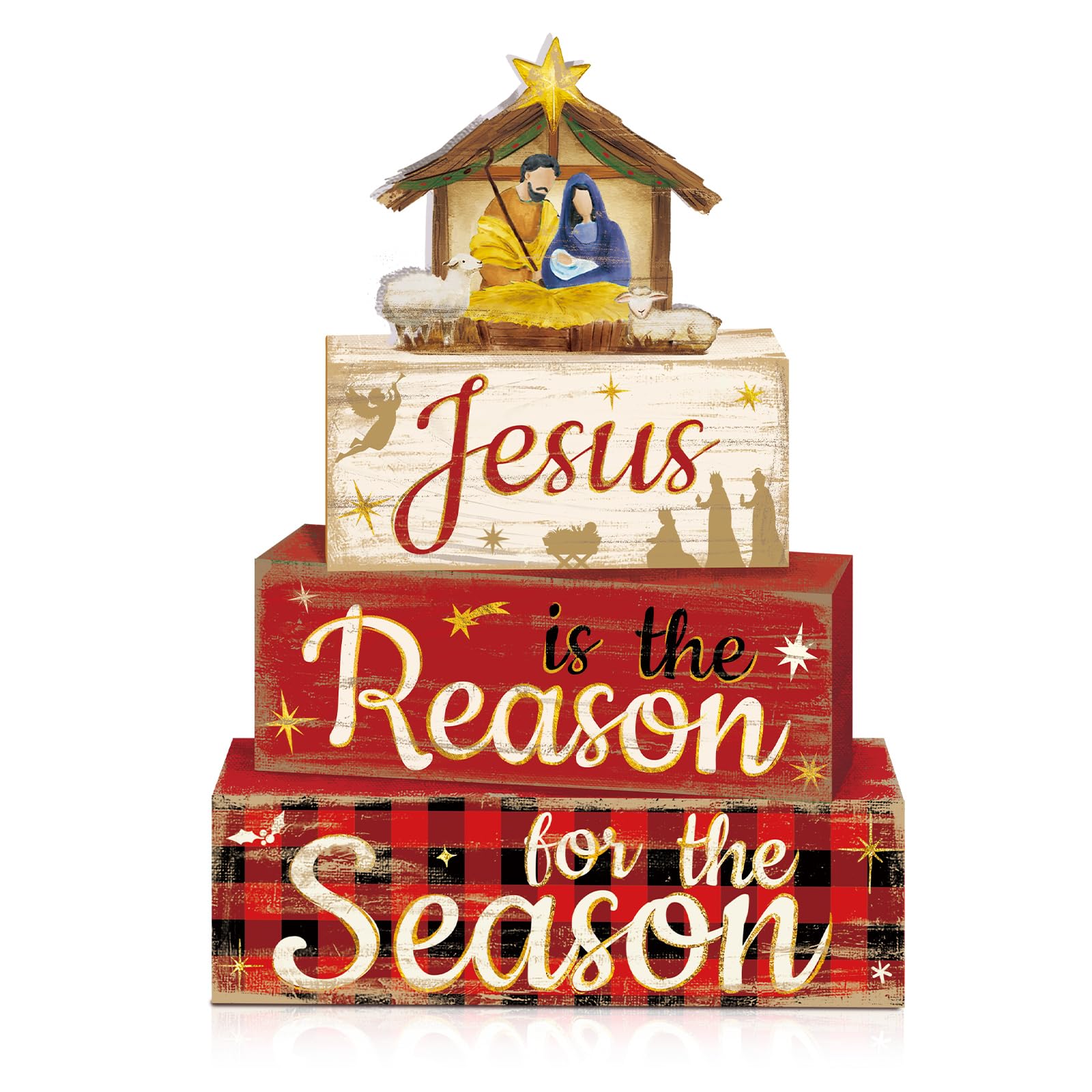 Moucuny 4 Pcs Nativity Sets Table Decor Wooden Nativity Scene Decoration Christmas Tiered Tray Decor Holy Night Centerpieces Far