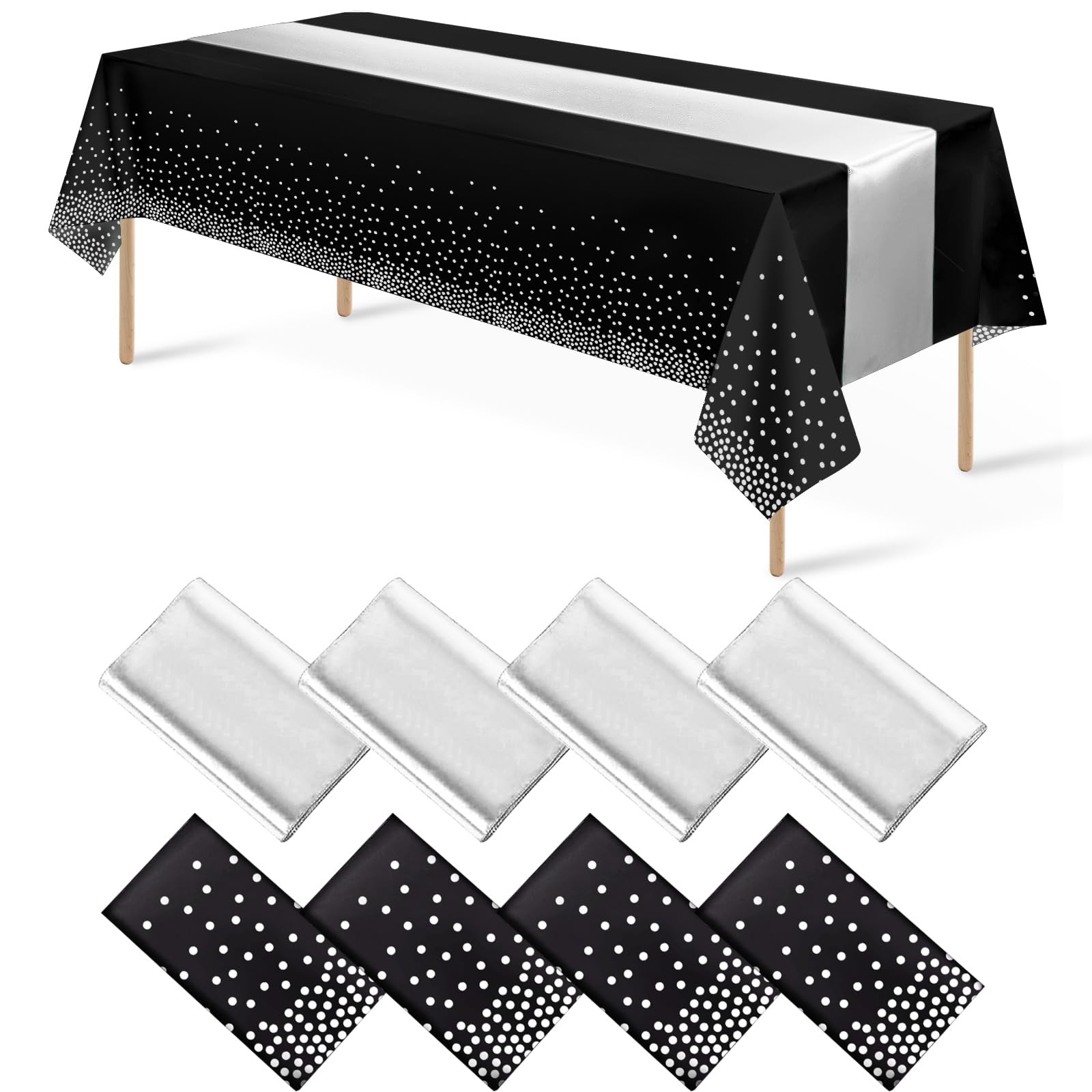 8Pack Disposable Plastic Tablecloths and Satin Table Runner Set Black and Silver Dot Tablecloth Silver Satin Table Runner for We