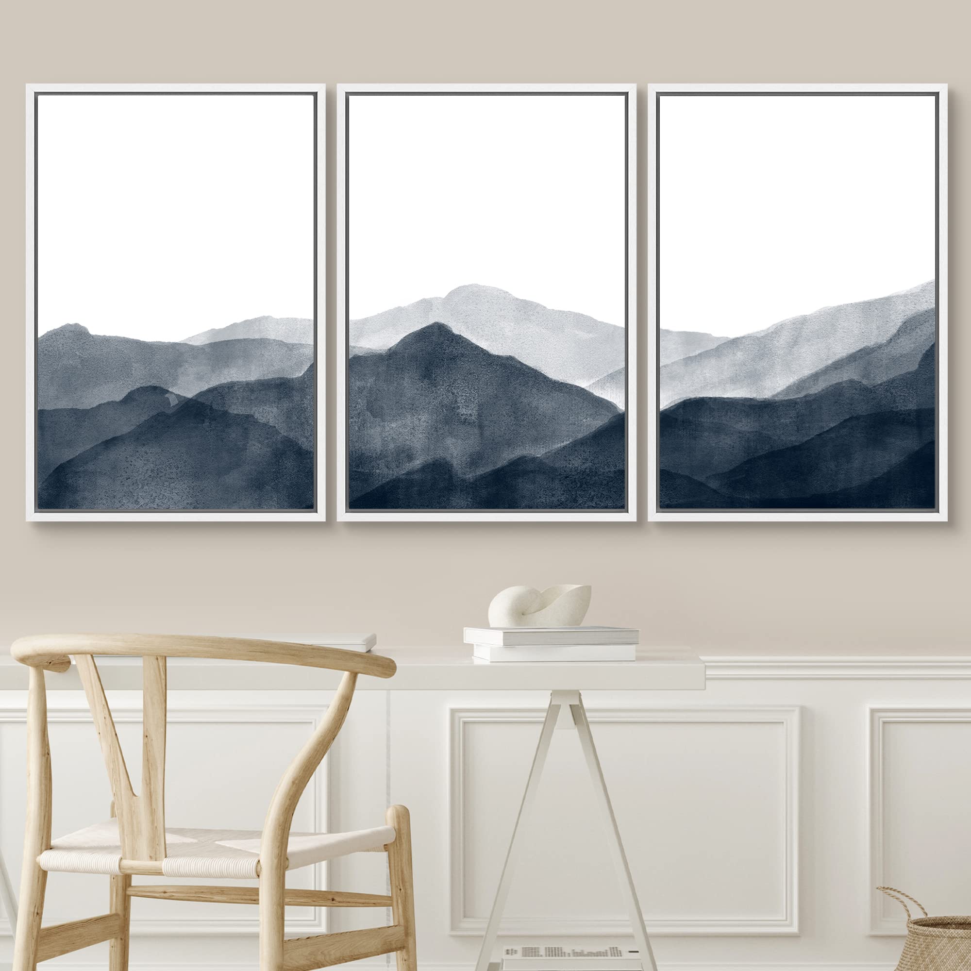 Signwin Framed Canvas Print Wall Art Blue & Gray Mountains In Fog Nature Wilderness Illustrations Modern Art Rustic Scenic Relax