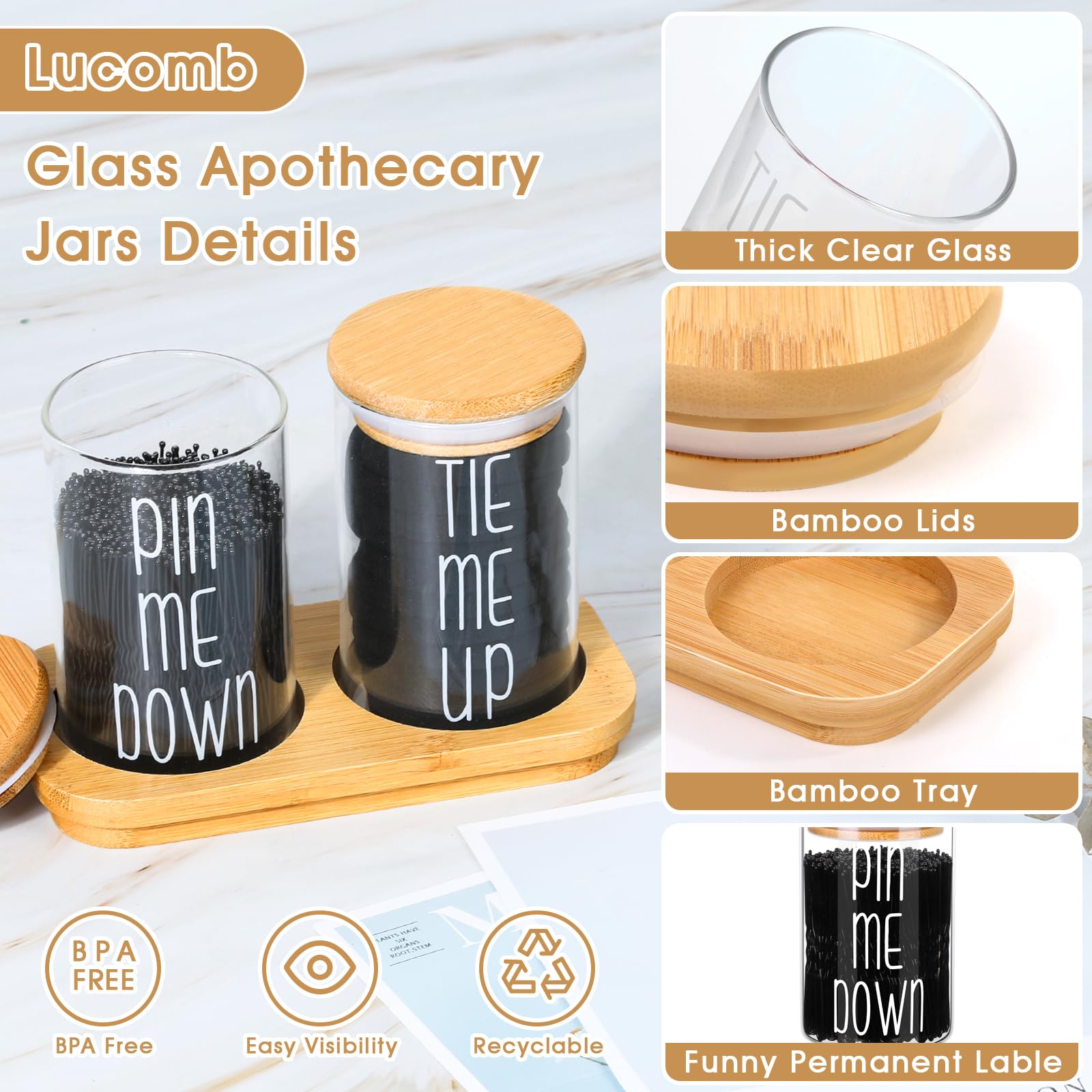 Funny Apothecary Jars 2 Pack Hair Tie Holder Organizers Bathroom Canisters with Tray Bobby Pin Holder Bathroom Jars Accessories Set with Lids for Bathroom d?or Farmhouse Bathroom Storage Organization