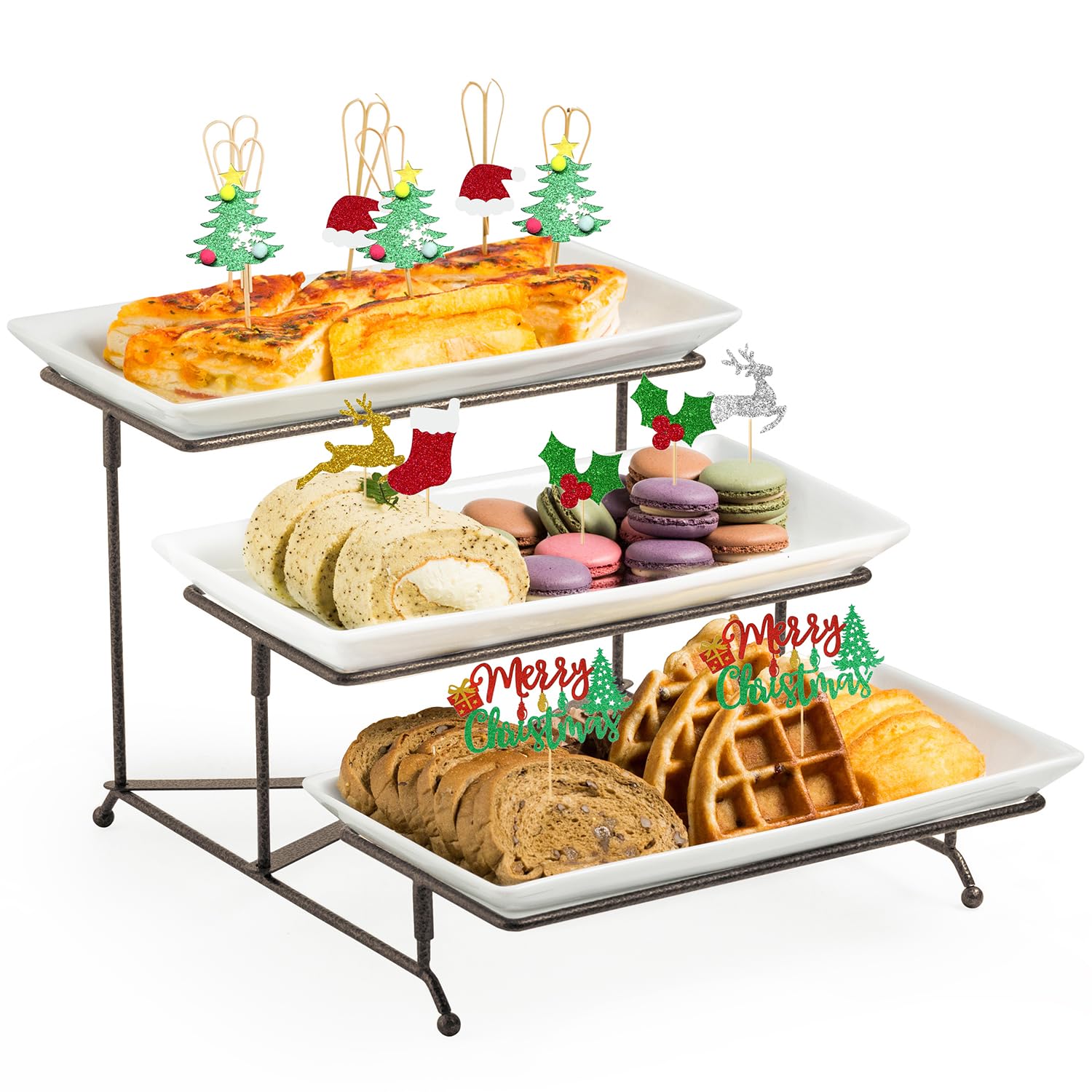 Lauchuh 3 Tier Serving Tray Porcelain Tiered Serving Stand Collapsible Sturdier Rack With 3 Serving Platters & 2 Cross Bars For