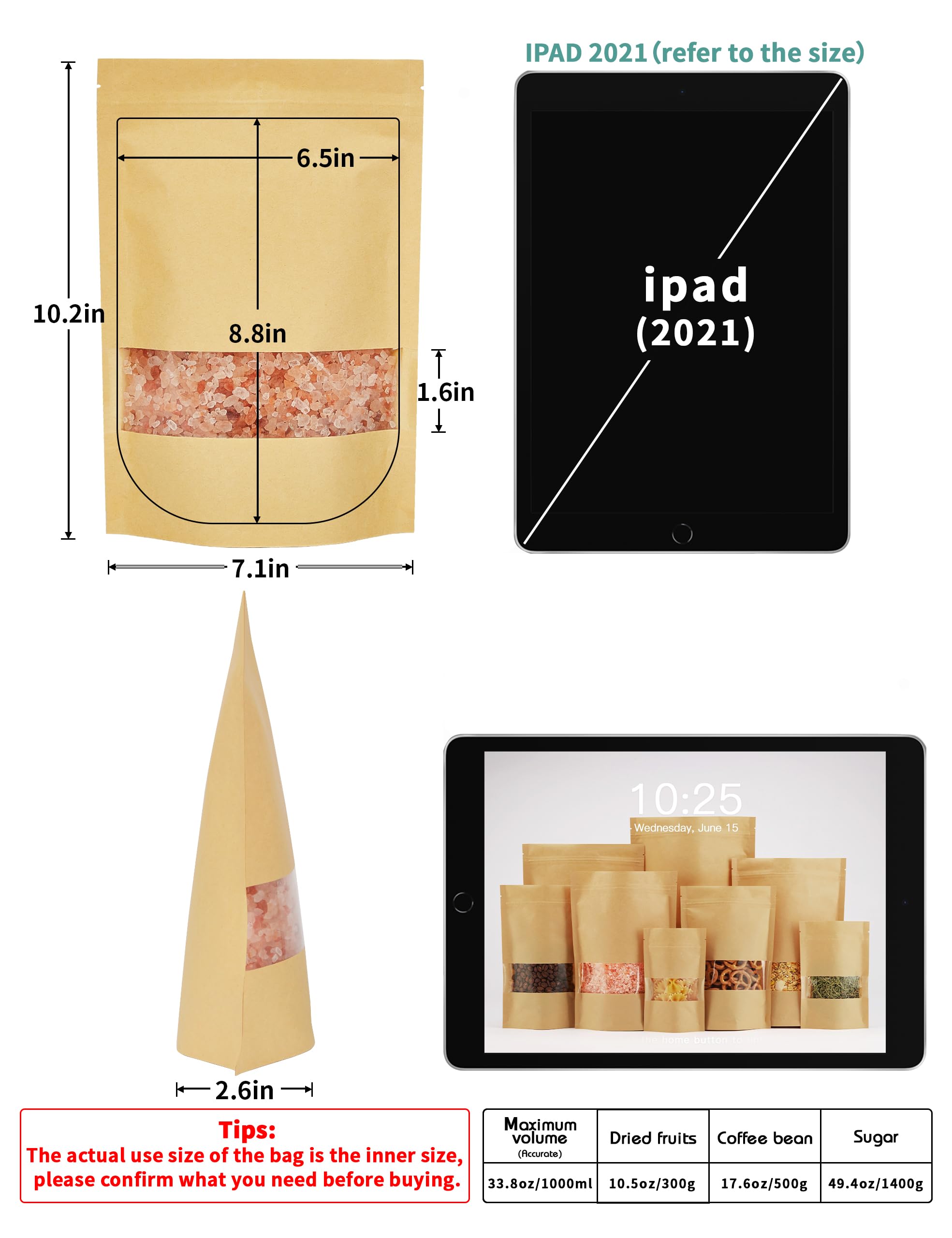 FireKylin 100 Pcs Kraft Paper Bags with Window  7.1'' x 10.2'' Stand Up Pouches Bags  Zip Lock Food Storage Bags for Packaging Products  Reusable  Sealable