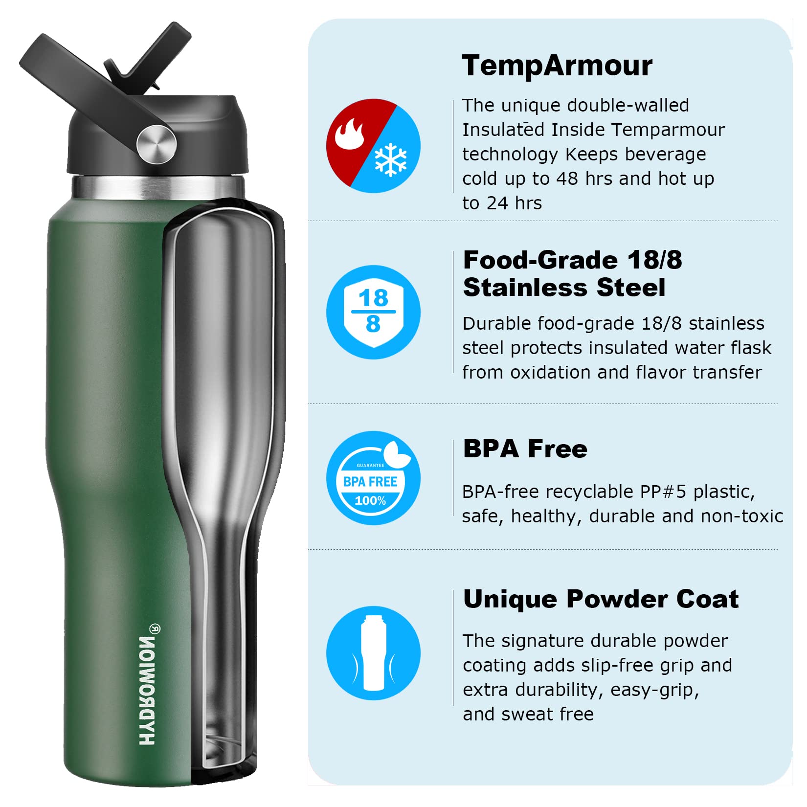 HYDROWION Water Bottle Insulated 32oz Water Bottles Straw Lid  Spout Lid and Flex Cap  Tumbler Flask (Cold for 48 Hrs  Hot for 24 Hrs)  Leakproof Travel Thermo Mug  Fit Any Car Cupholder  Olive