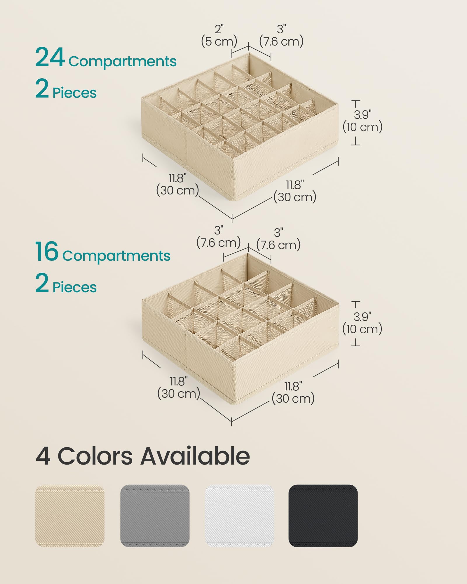 SONGMICS Set of 4 Drawer Organizers, Closet Organizers for Underwear, 80 Cells, Foldable Sock Holders, 11.8 x 11.8 x 3.9 Inches,