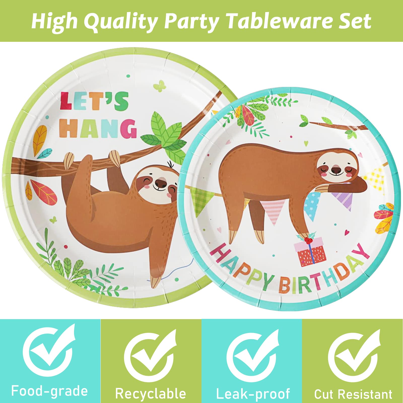 96 Pcs Sloth Animal Party Supplies Sloth Birthday Party Tableware Set Sloth Hanging Decorations Kids Sloth Themed Baby Shower Bi
